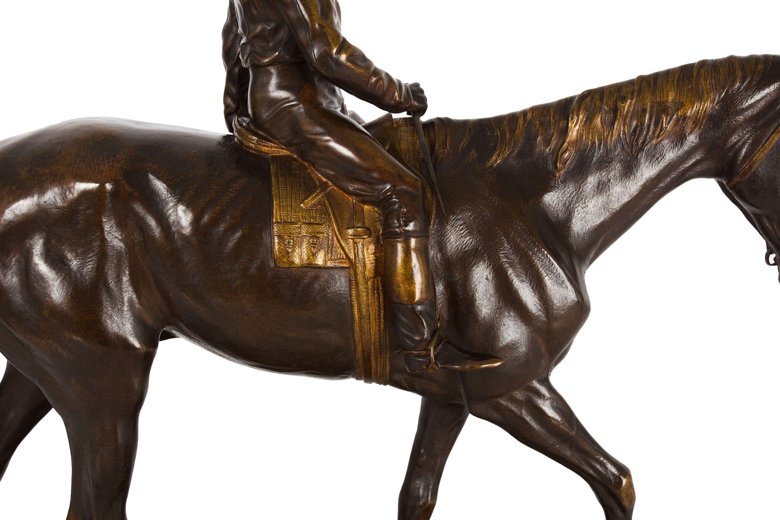 Français Rare et belle sculpture ancienne en bronze - Cheval et Jockey par A.E. Dubucand en vente