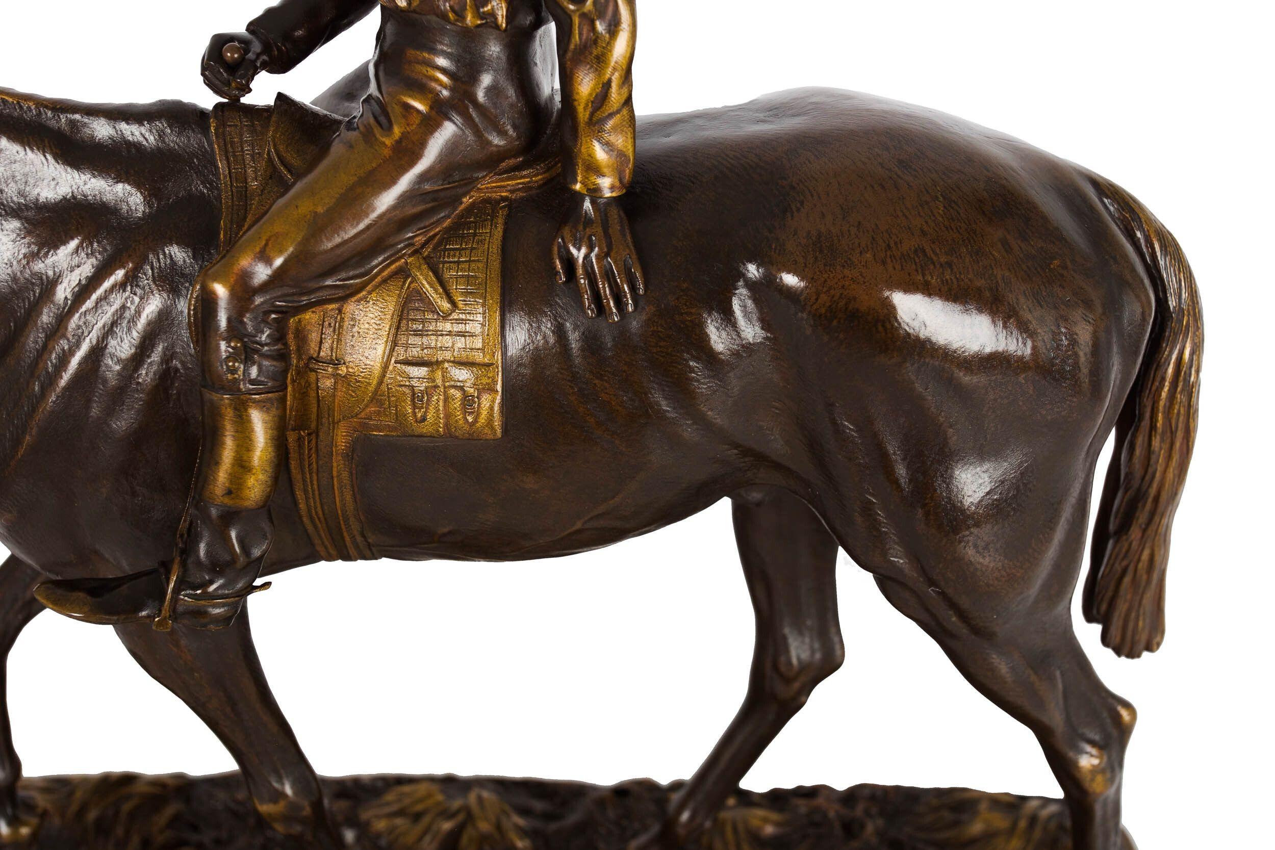 Seltene und feine antike Bronzeskulptur Pferd und Jockey von A.E. Dubucand im Angebot 1