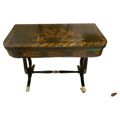 Rare and Fine Antique English Period Games Table Black Ground Chinoiserie