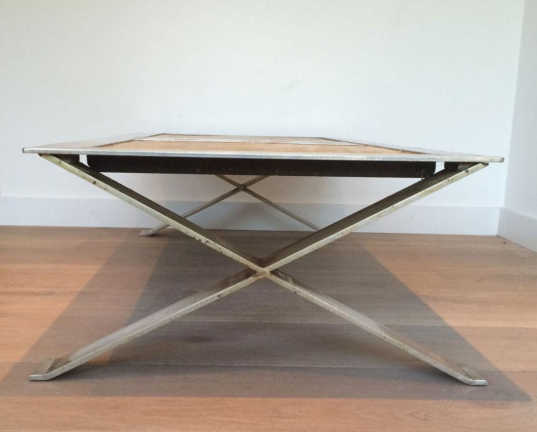 Rare and Fine Brushed Steel and Ceramic Coffee Table, French 7