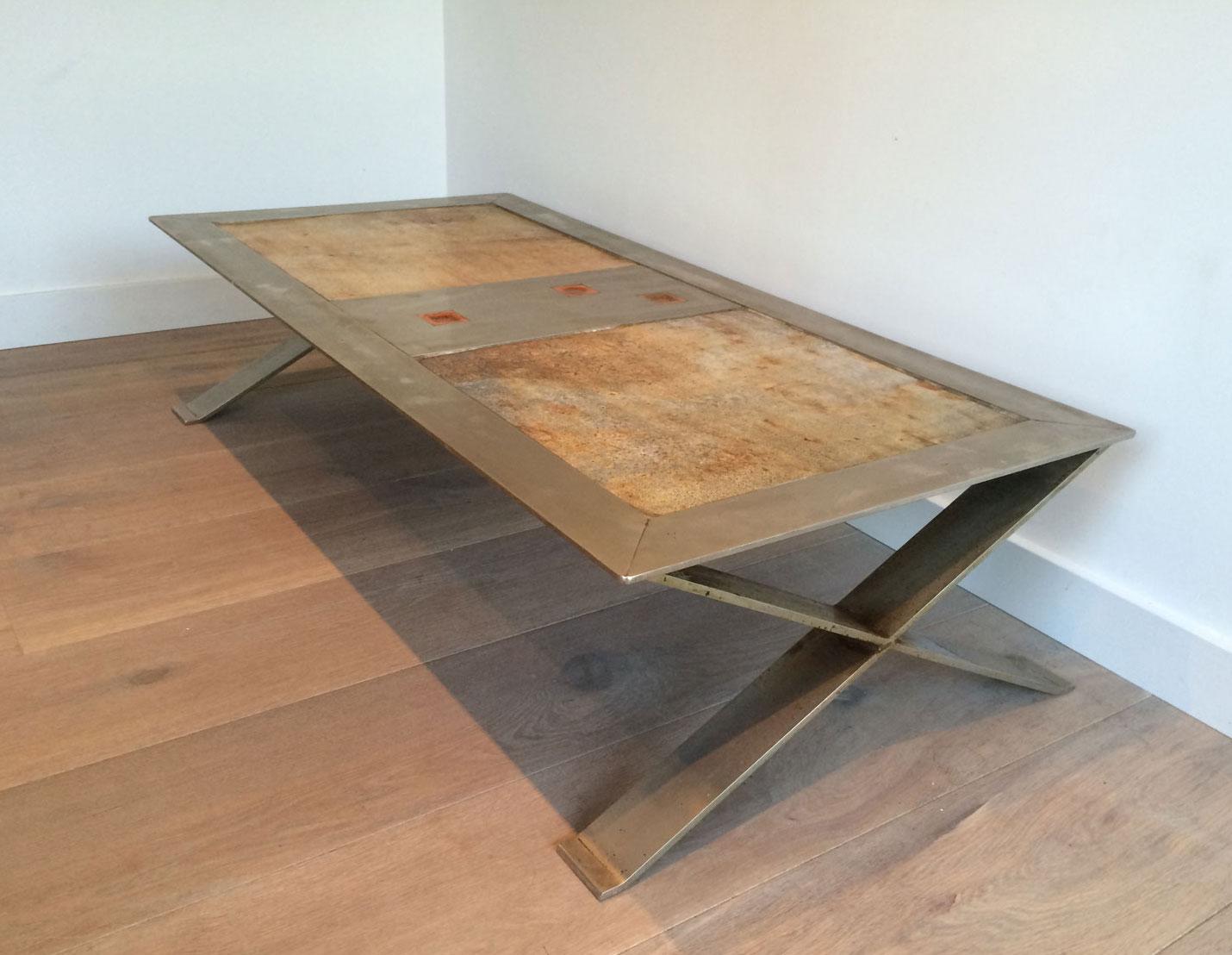 Rare and Fine Brushed Steel and Ceramic Coffee Table, French 8