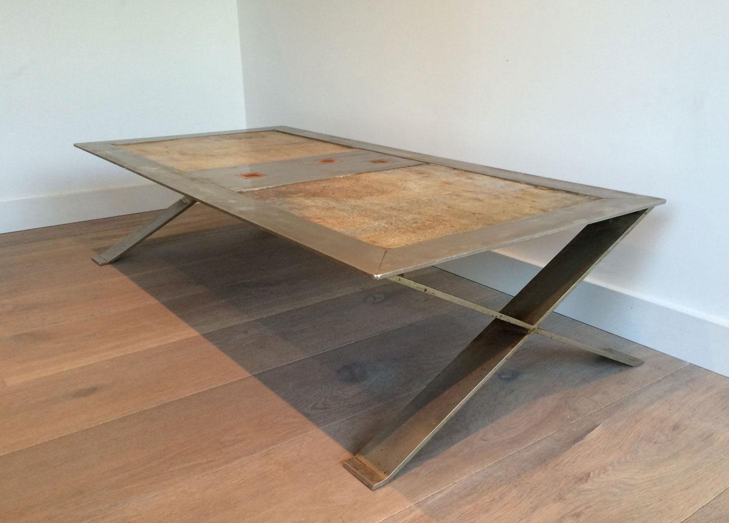 Mid-Century Modern Rare and Fine Brushed Steel and Ceramic Coffee Table, French