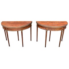 Rare and Fine Pair of Crotch Mahogany Demilune Game Tables
