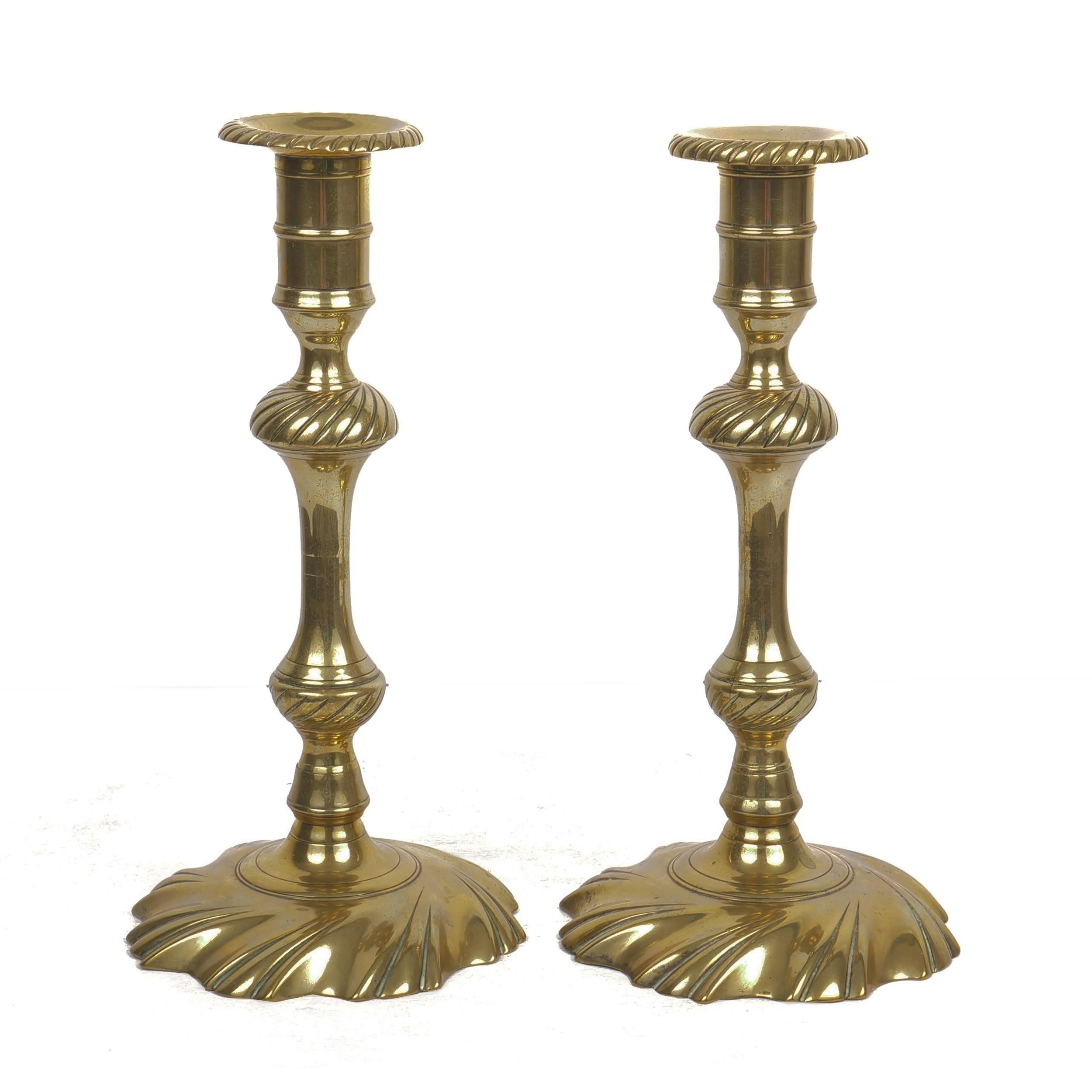 English Rare and Fine Pair of George III Swirl-Base Brass Candlesticks, England