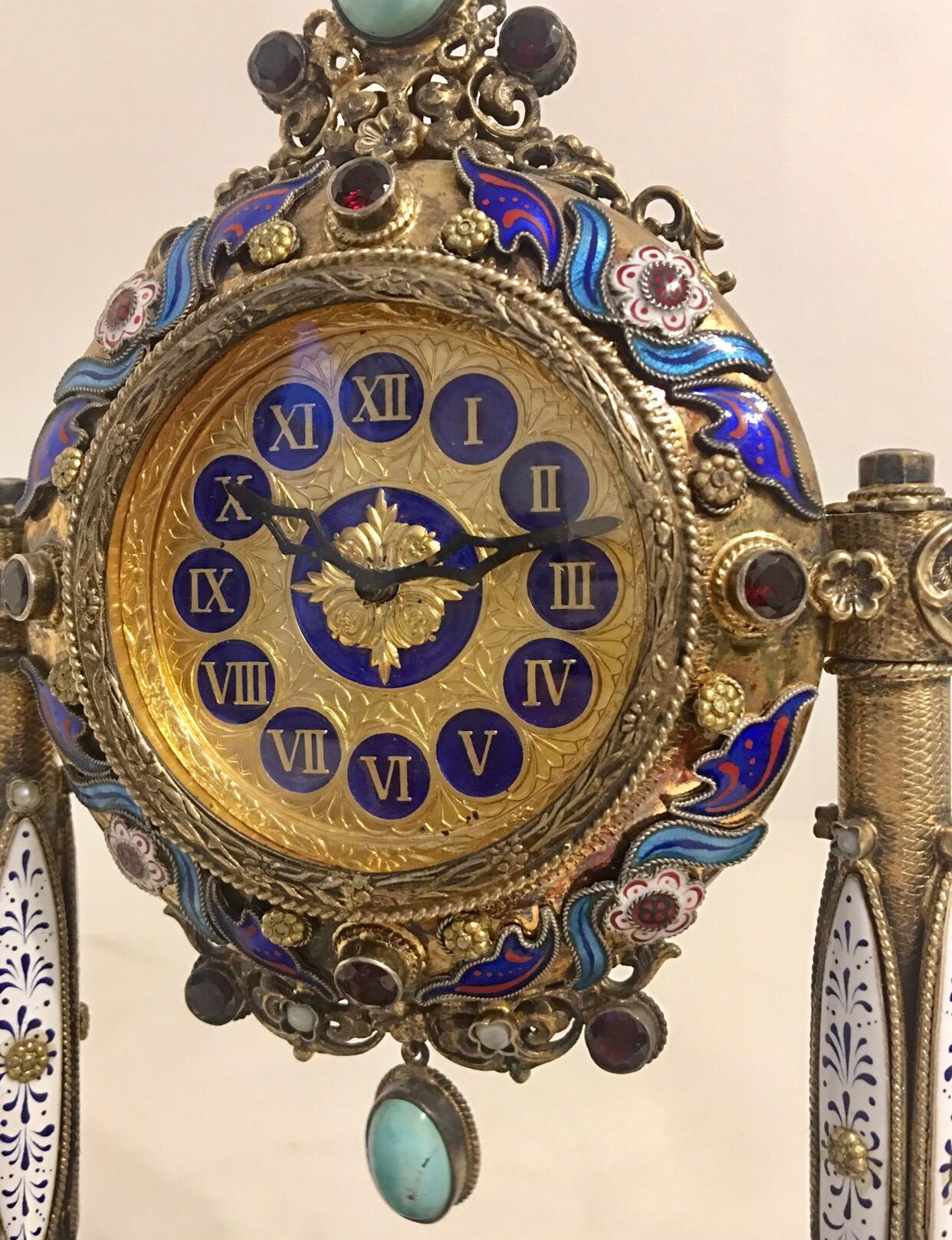 Rare and Fine Viennese Silver Gilt Enamel Precious Stones Musical Clock 4