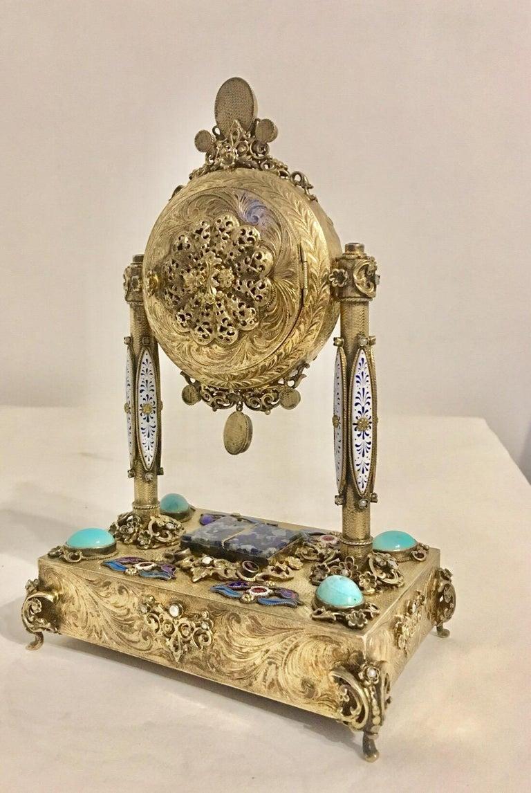 Rare and Fine Viennese Silver Gilt Enamel Precious Stones Musical Clock For Sale 6