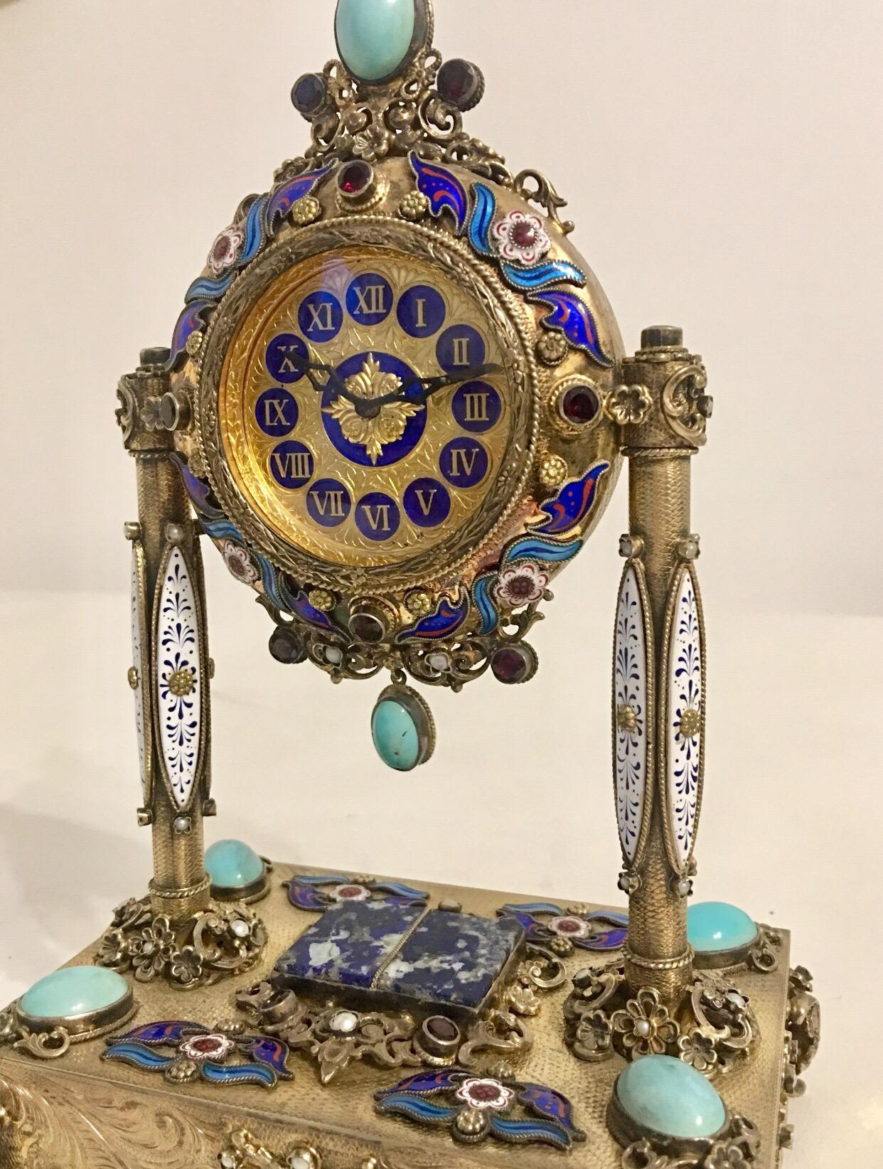 Rare and Fine Viennese Silver Gilt Enamel Precious Stones Musical Clock 8