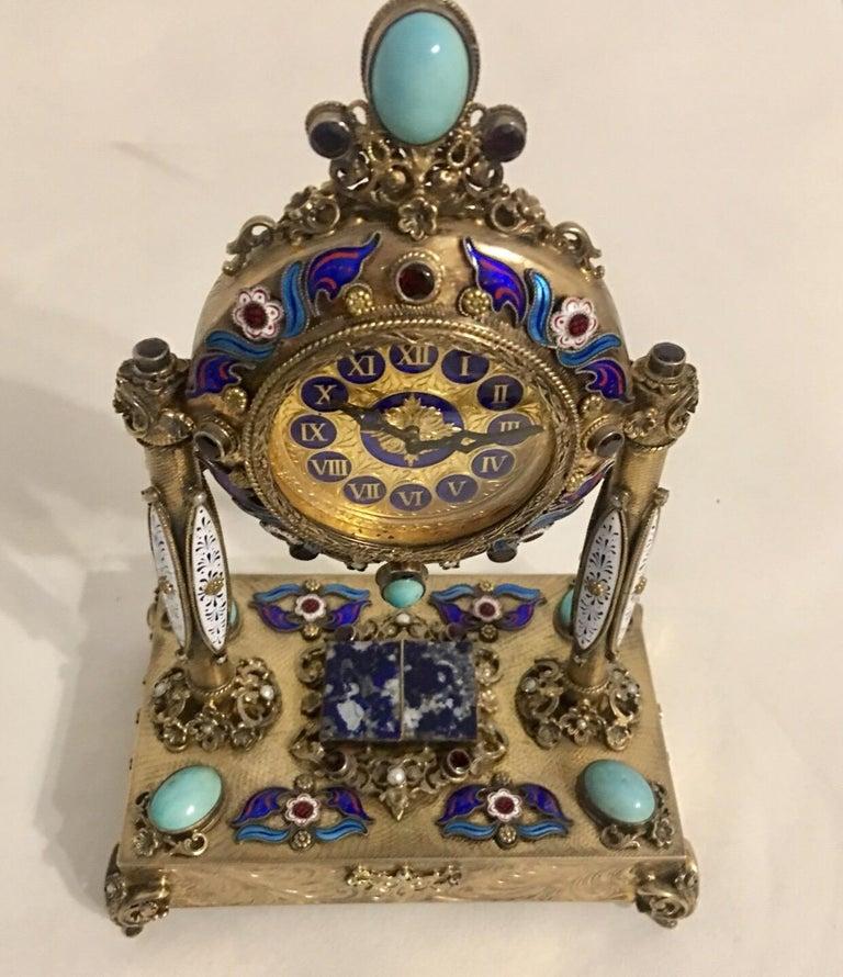 Rare and Fine Viennese Silver Gilt Enamel Precious Stones Musical Clock For Sale 7