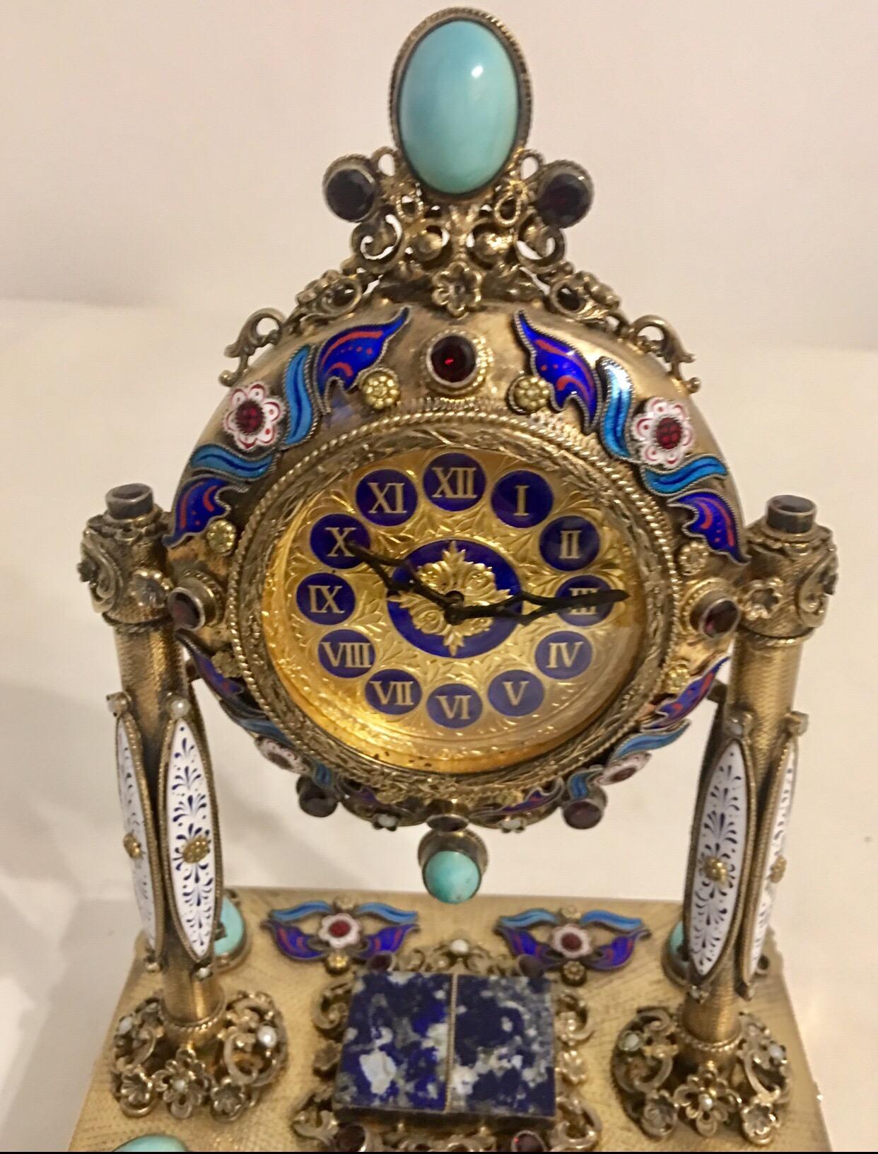 Rare and Fine Viennese Silver Gilt Enamel Precious Stones Musical Clock 9