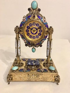 Rare and Fine Viennese Silver Gilt Enamel Precious Stones Musical Clock