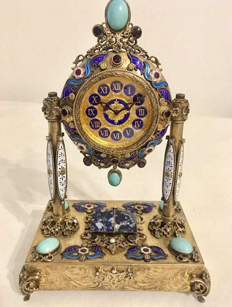 Austrian Rare and Fine Viennese Silver Gilt Enamel Precious Stones Musical Clock For Sale