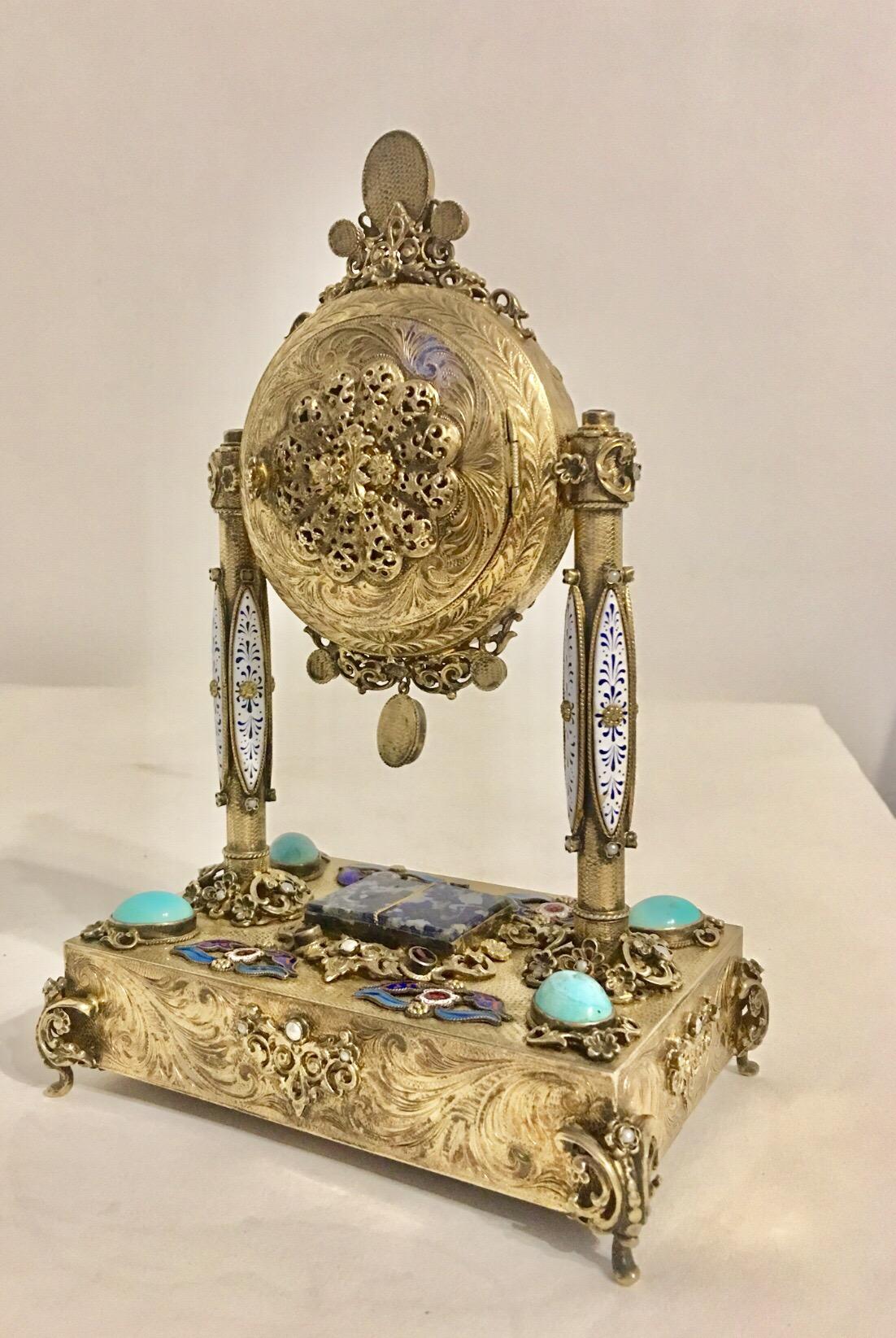 Enameled Rare and Fine Viennese Silver Gilt Enamel Precious Stones Musical Clock