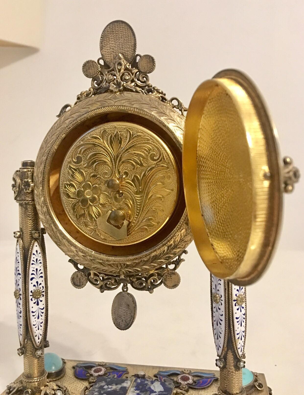 Early 20th Century Rare and Fine Viennese Silver Gilt Enamel Precious Stones Musical Clock