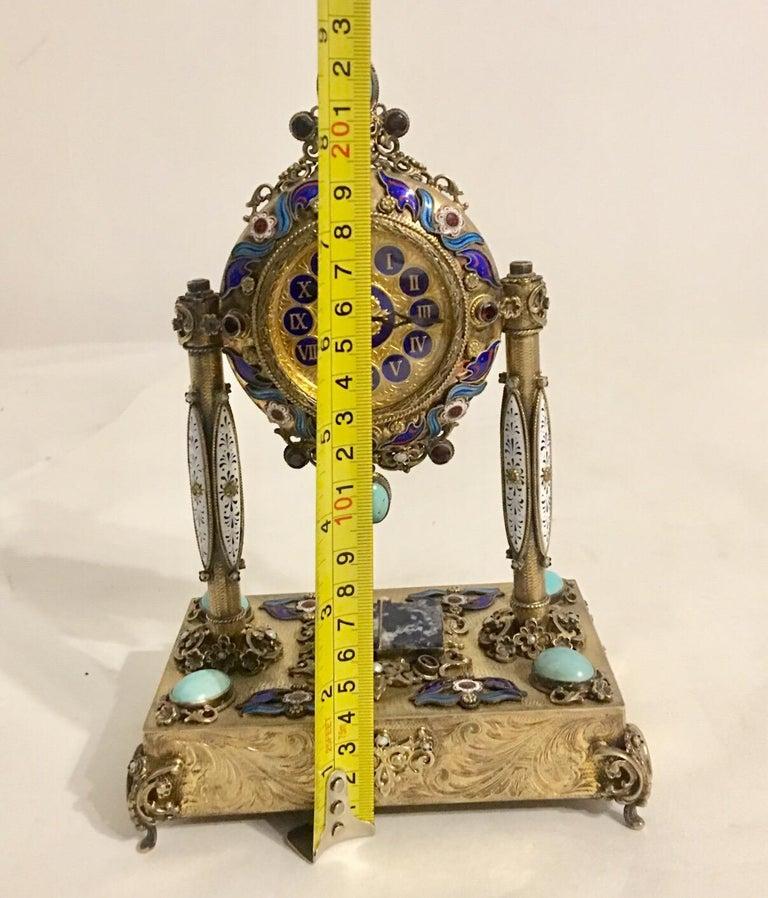 Early 20th Century Rare and Fine Viennese Silver Gilt Enamel Precious Stones Musical Clock For Sale