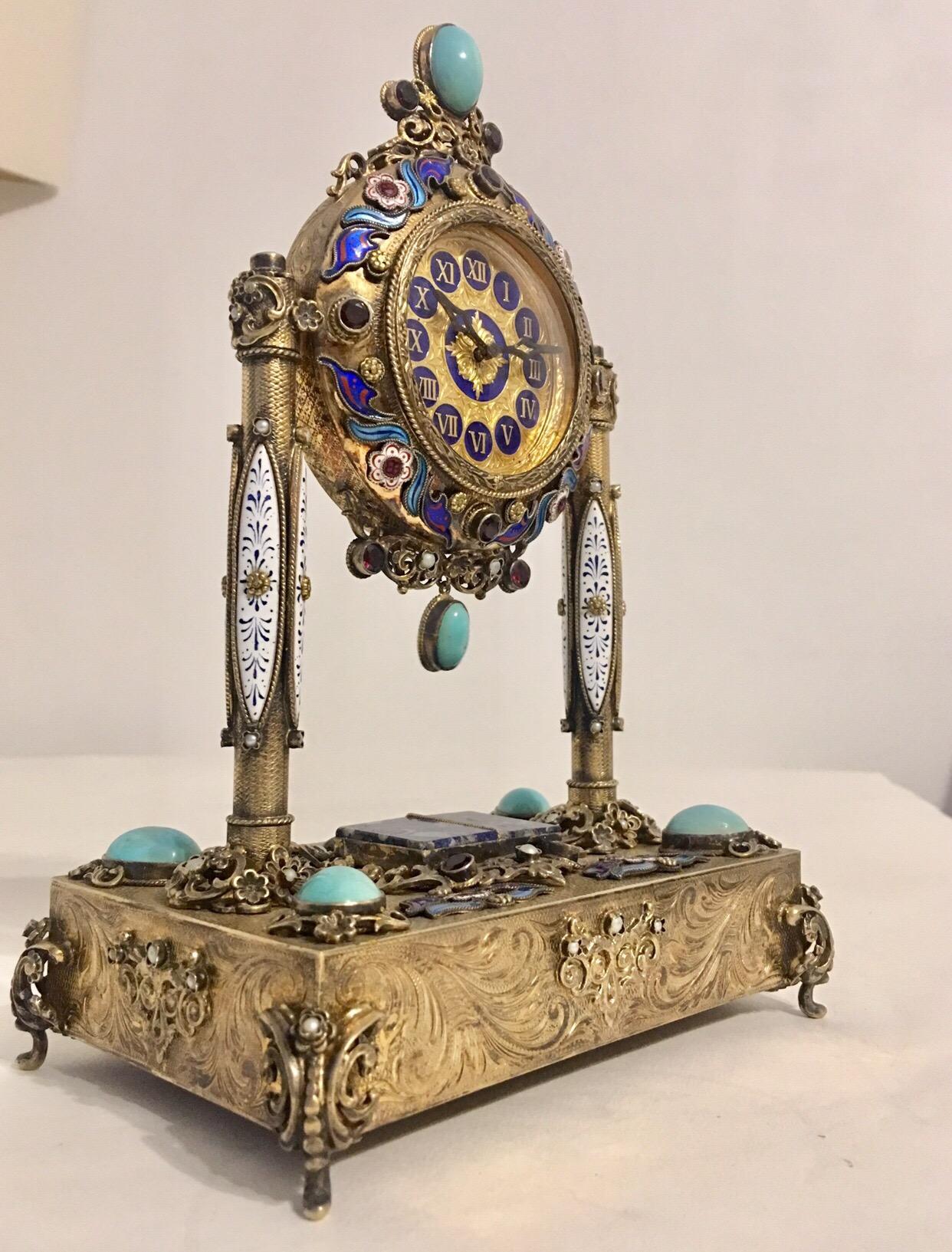 Rare and Fine Viennese Silver Gilt Enamel Precious Stones Musical Clock 2