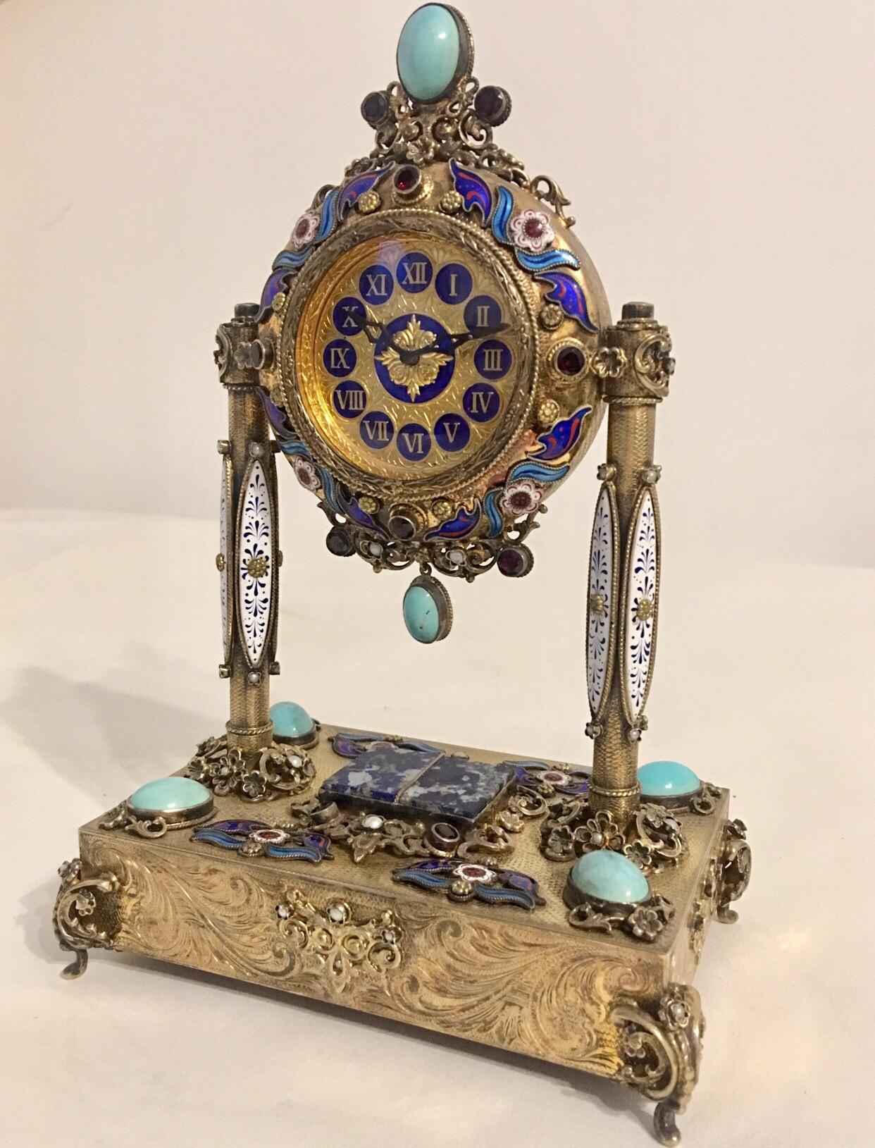 Rare and Fine Viennese Silver Gilt Enamel Precious Stones Musical Clock 3