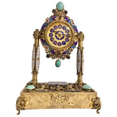 Rare and Fine Viennese Silver Gilt Enamel Precious Stones Musical Clock
