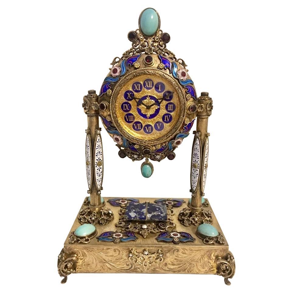 Rare and Fine Viennese Silver Gilt Enamel Precious Stones Musical Clock For Sale