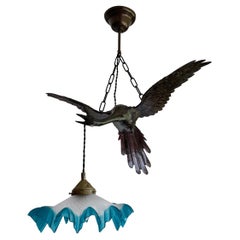 Rare and Graceful Arts and Crafts Bronze Flying Crane Bird & Glass Shade Pendant