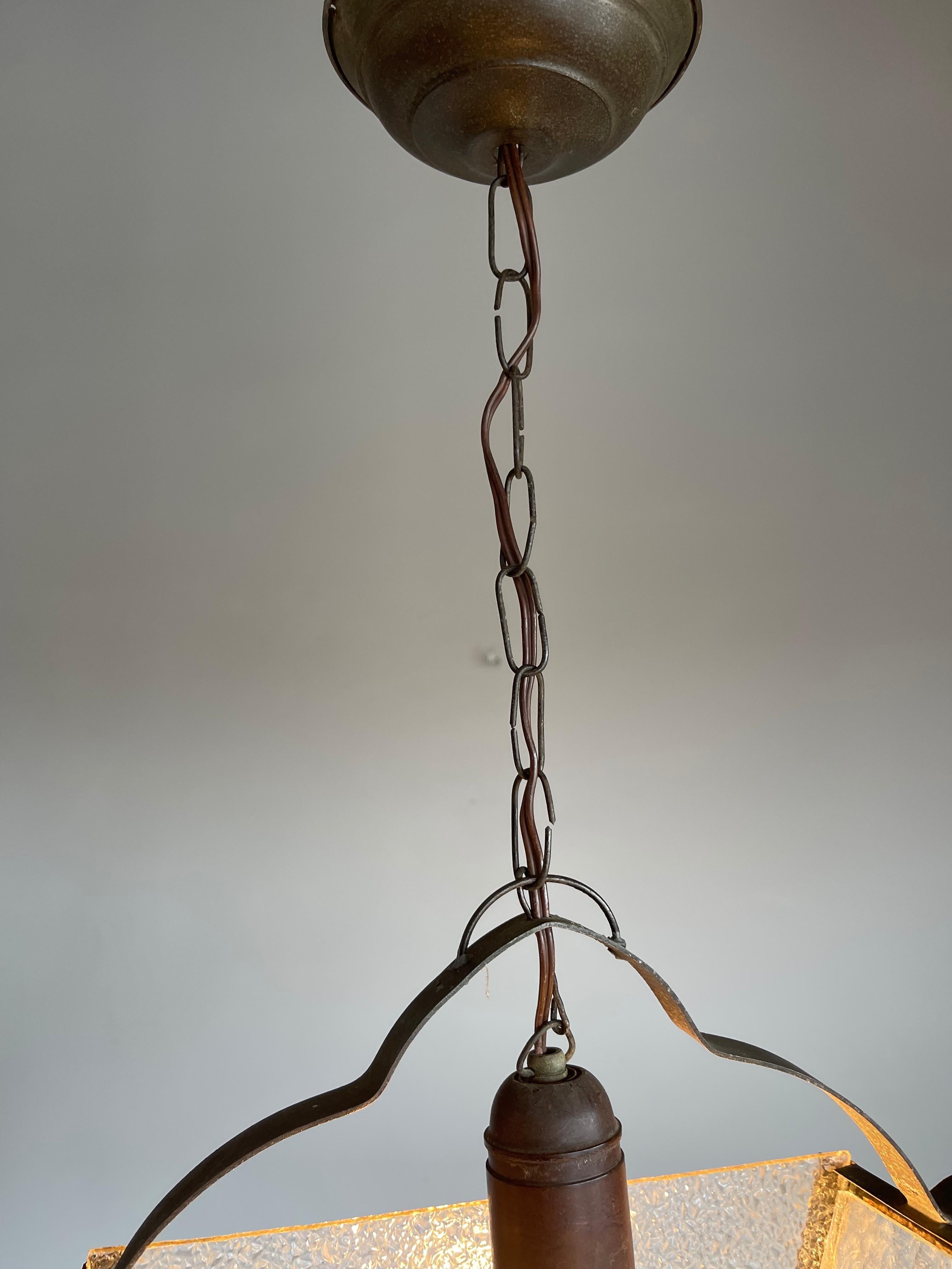 Rare and Graceful, Arts & Crafts Brass and Glass Pendant w. Bird Sculptures 1920 12