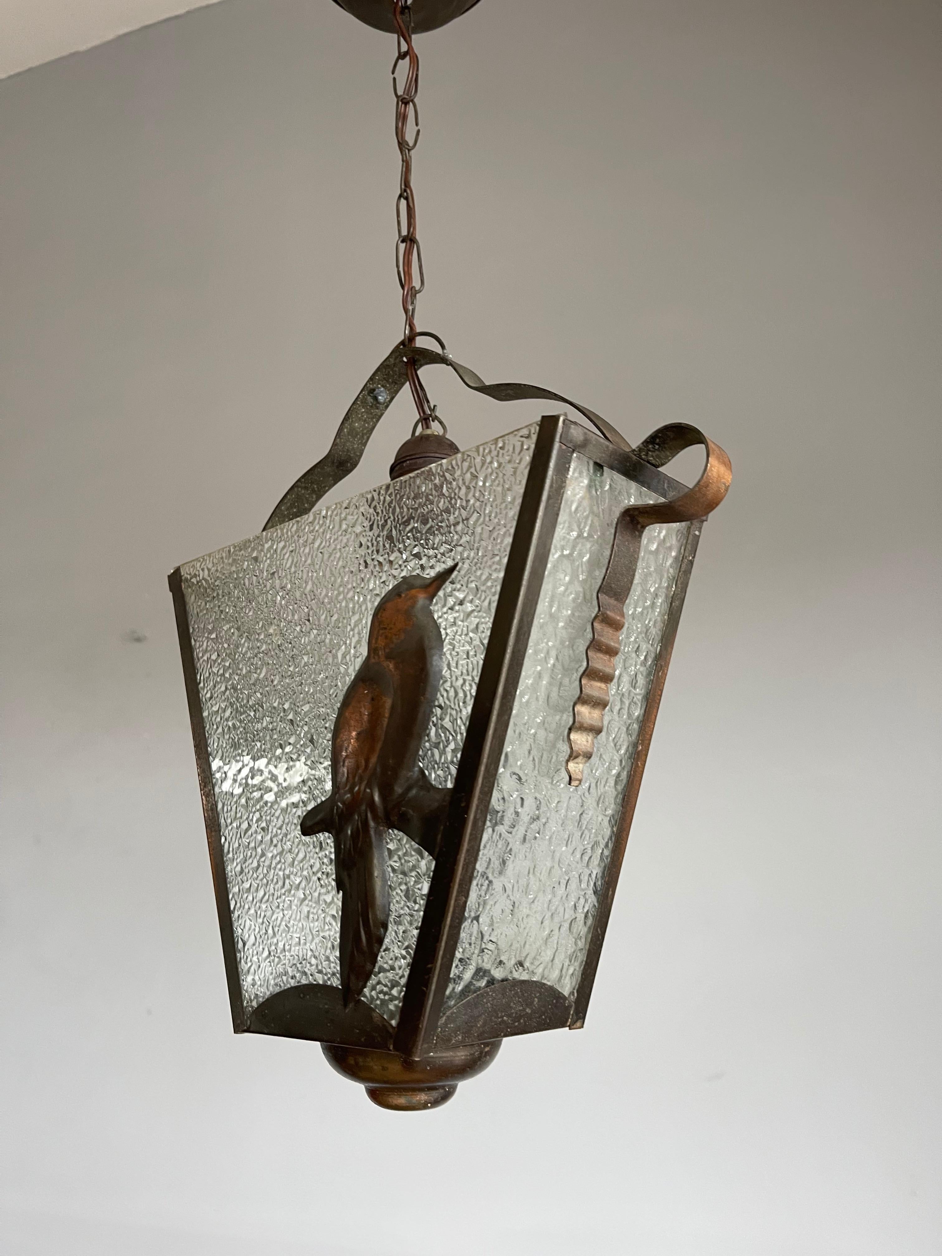 Rare and Graceful, Arts & Crafts Brass and Glass Pendant w. Bird Sculptures 1920 1
