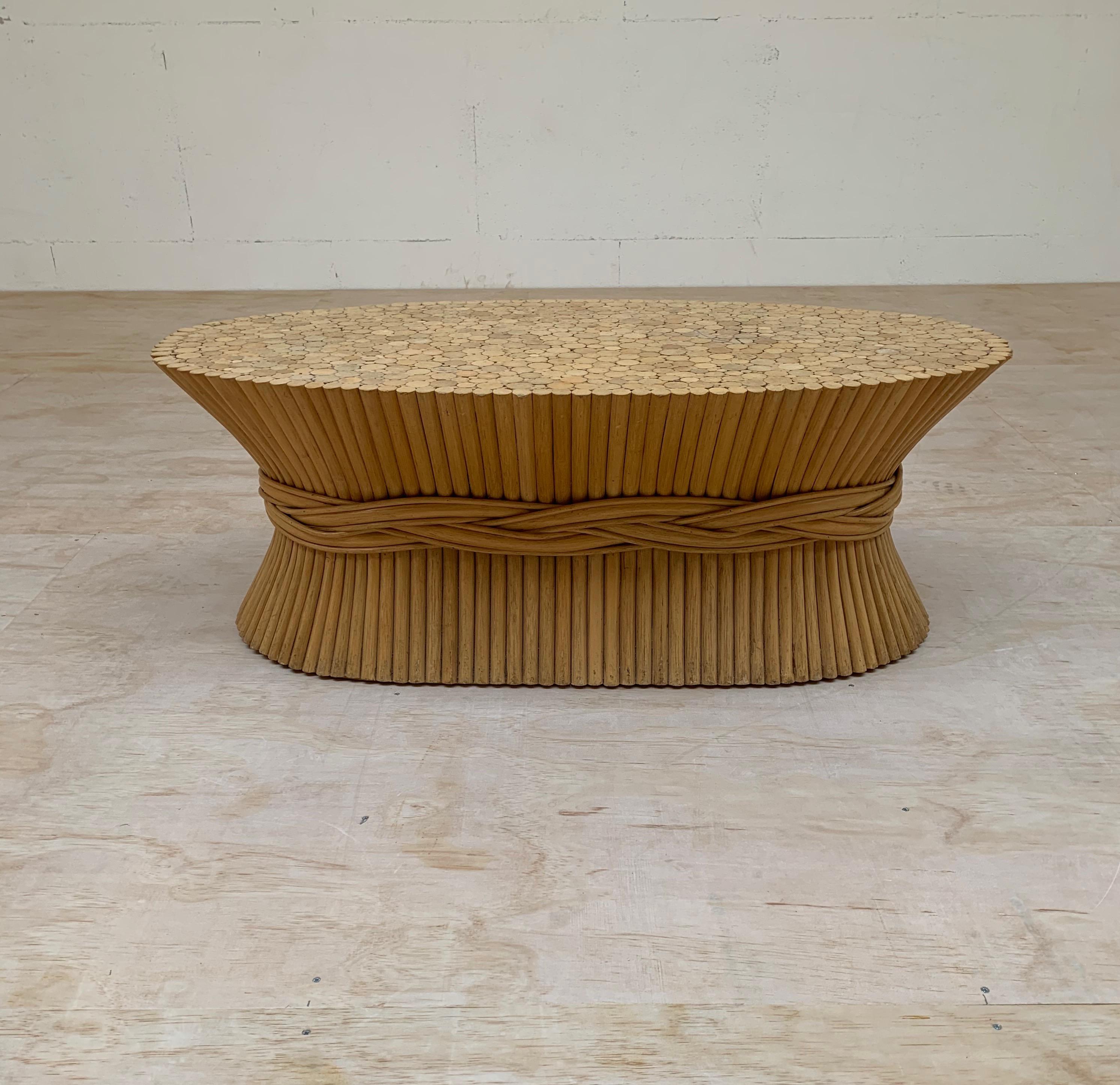 Mid-Century Modern Rare and Great Looking Vintage McGuire Sheaf of Wheat Rattan Wood Coffee Table