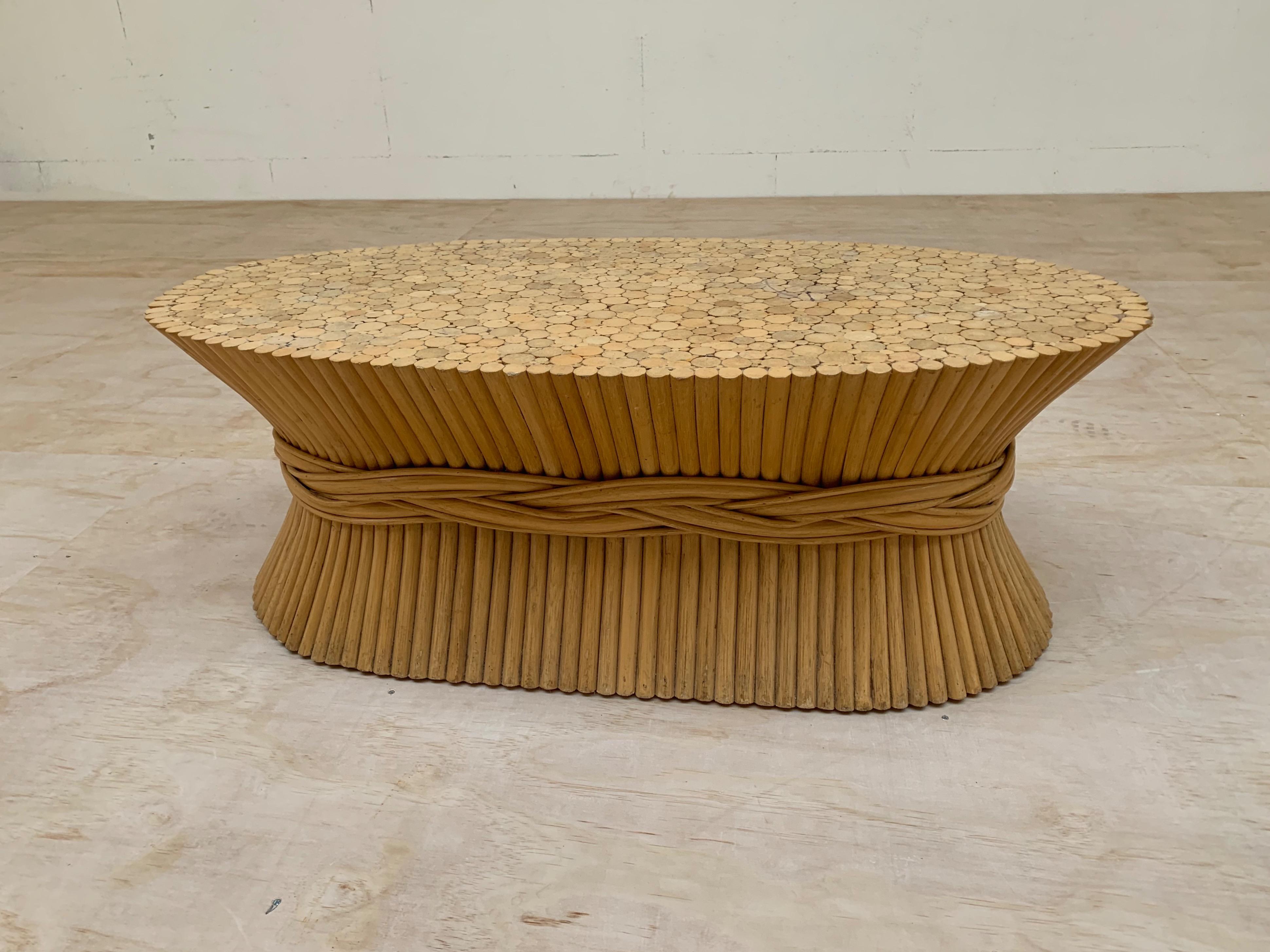 20th Century Rare and Great Looking Vintage McGuire Sheaf of Wheat Rattan Wood Coffee Table