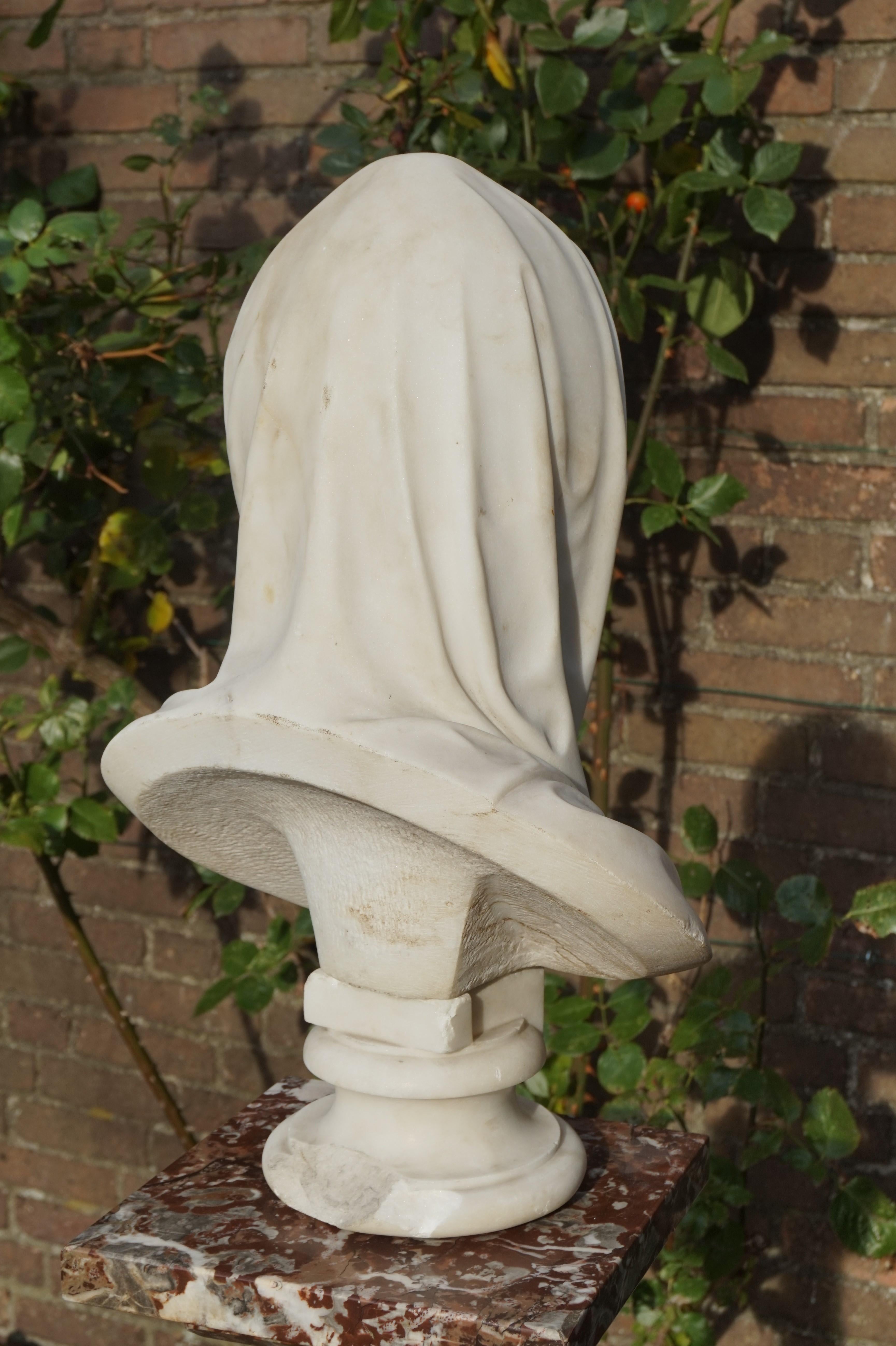 Rare and Hand Carved 19th Century Marble Bust Sculpture of a Serene Virgin Mary 2