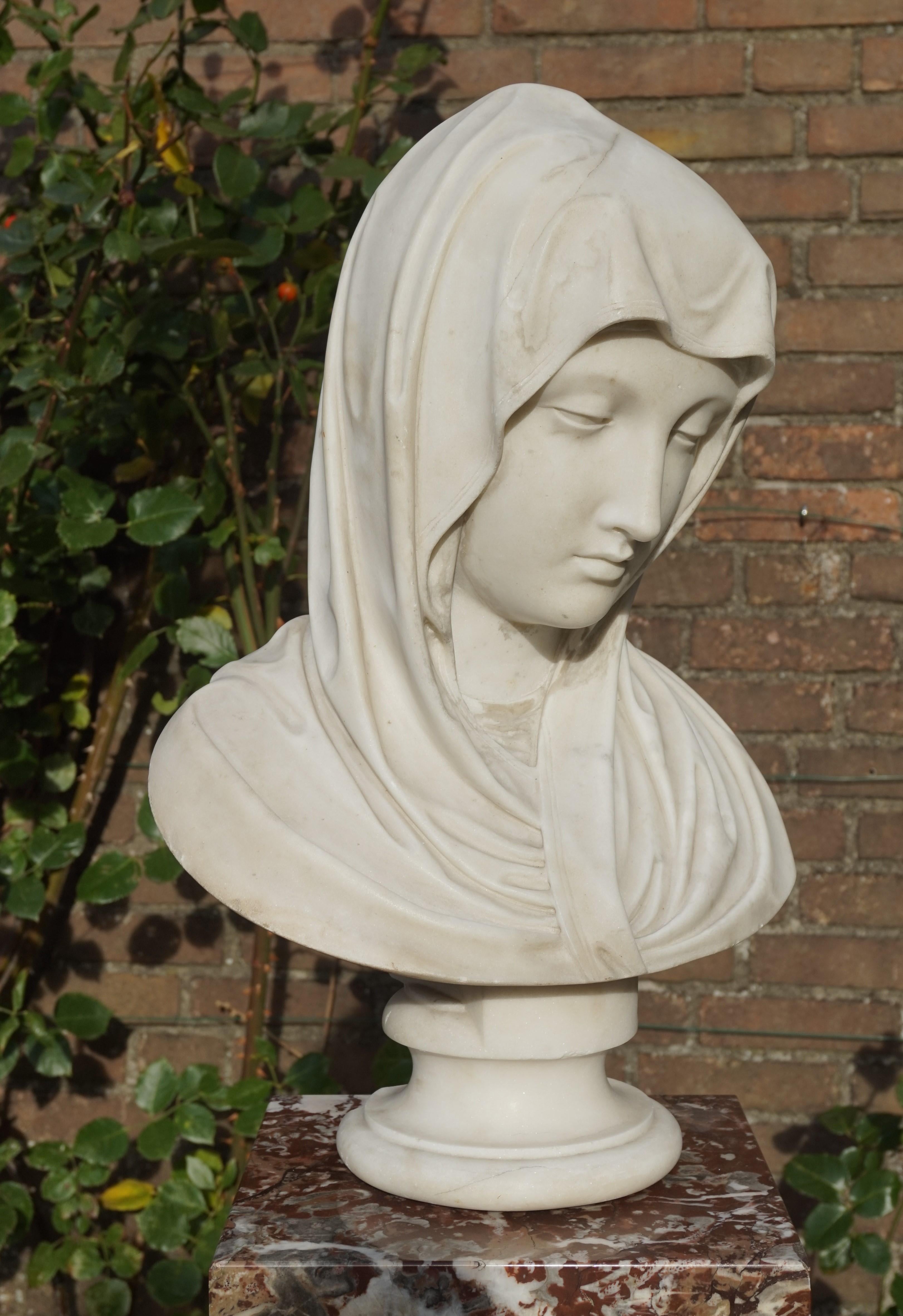 Rare and Hand Carved 19th Century Marble Bust Sculpture of a Serene Virgin Mary 3