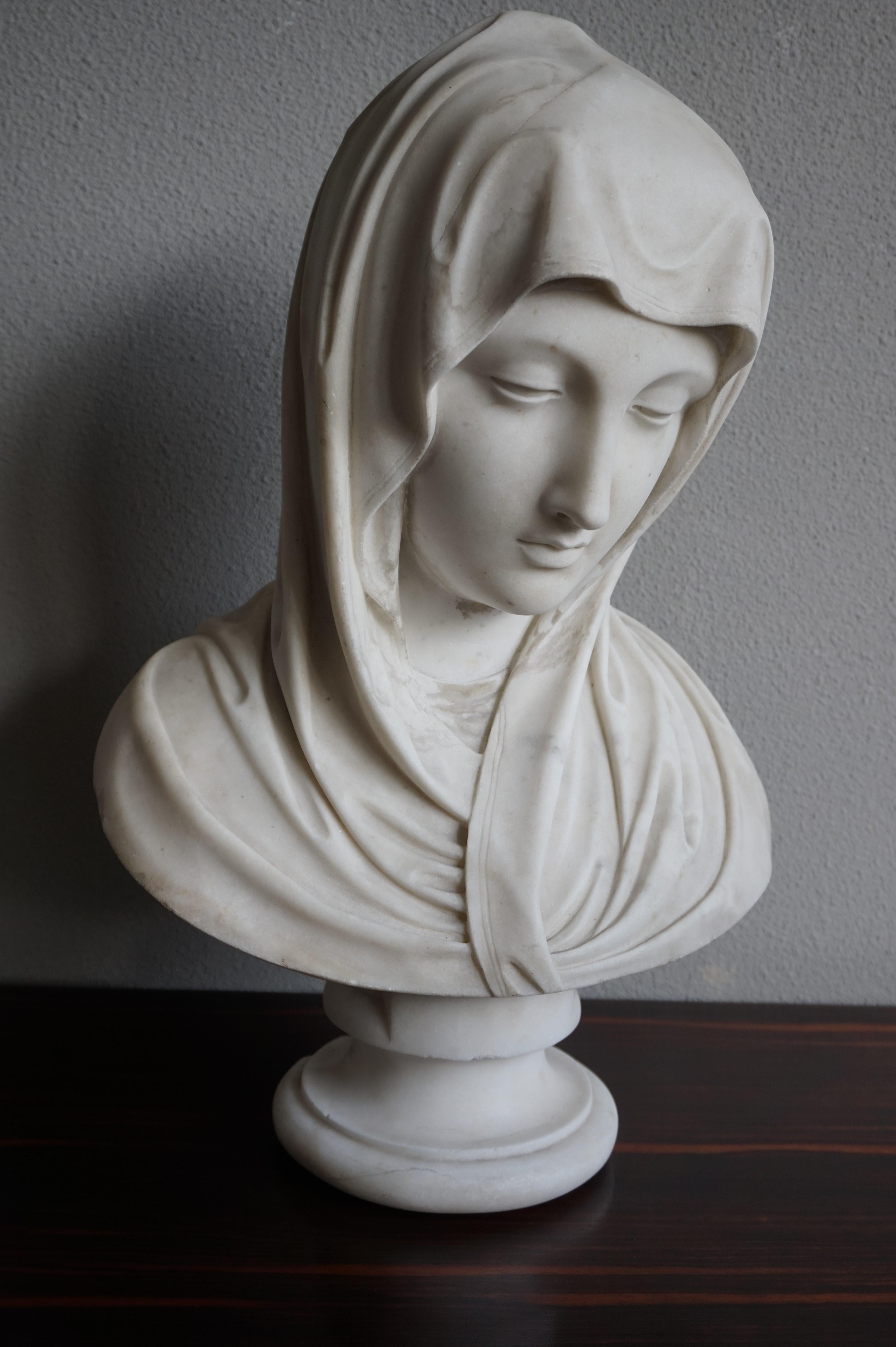 Rare and Hand Carved 19th Century Marble Bust Sculpture of a Serene Virgin Mary 4