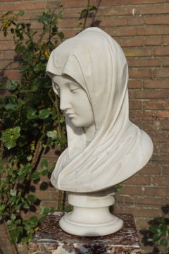 Rare and Hand Carved 19th Century Marble Bust Sculpture of a Serene Virgin Mary