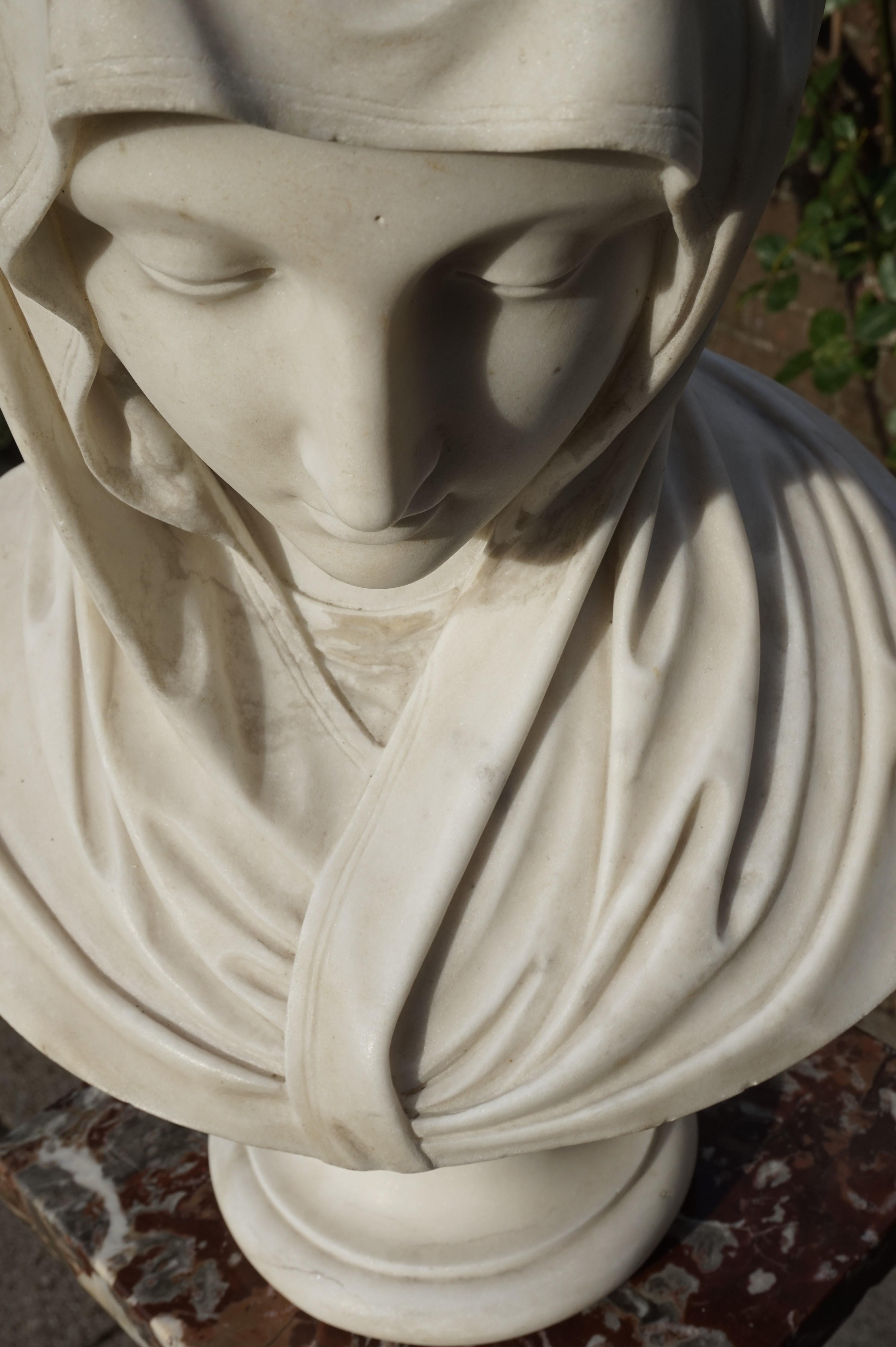European Rare and Hand Carved 19th Century Marble Bust Sculpture of a Serene Virgin Mary