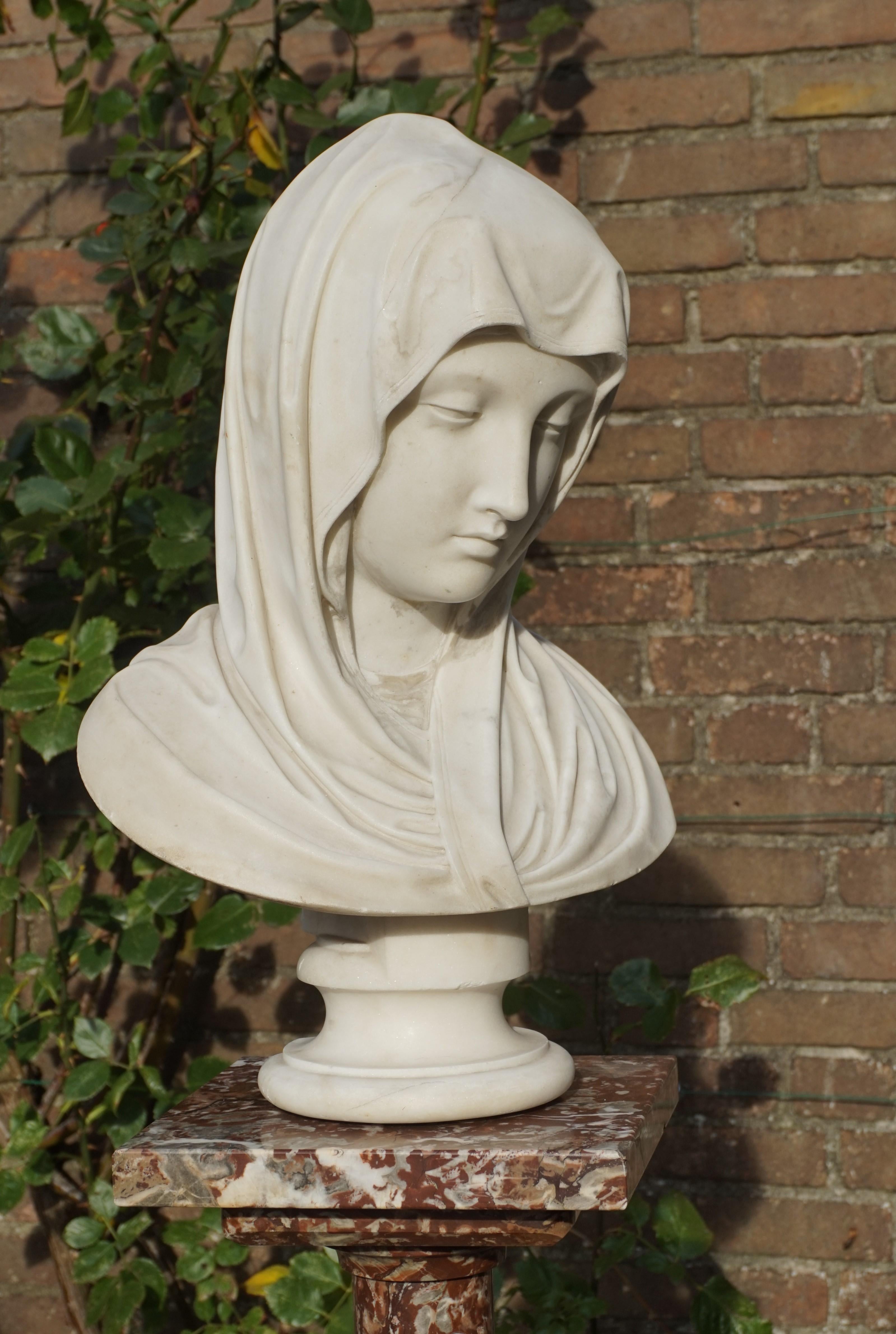 Hand-Carved Rare and Hand Carved 19th Century Marble Bust Sculpture of a Serene Virgin Mary