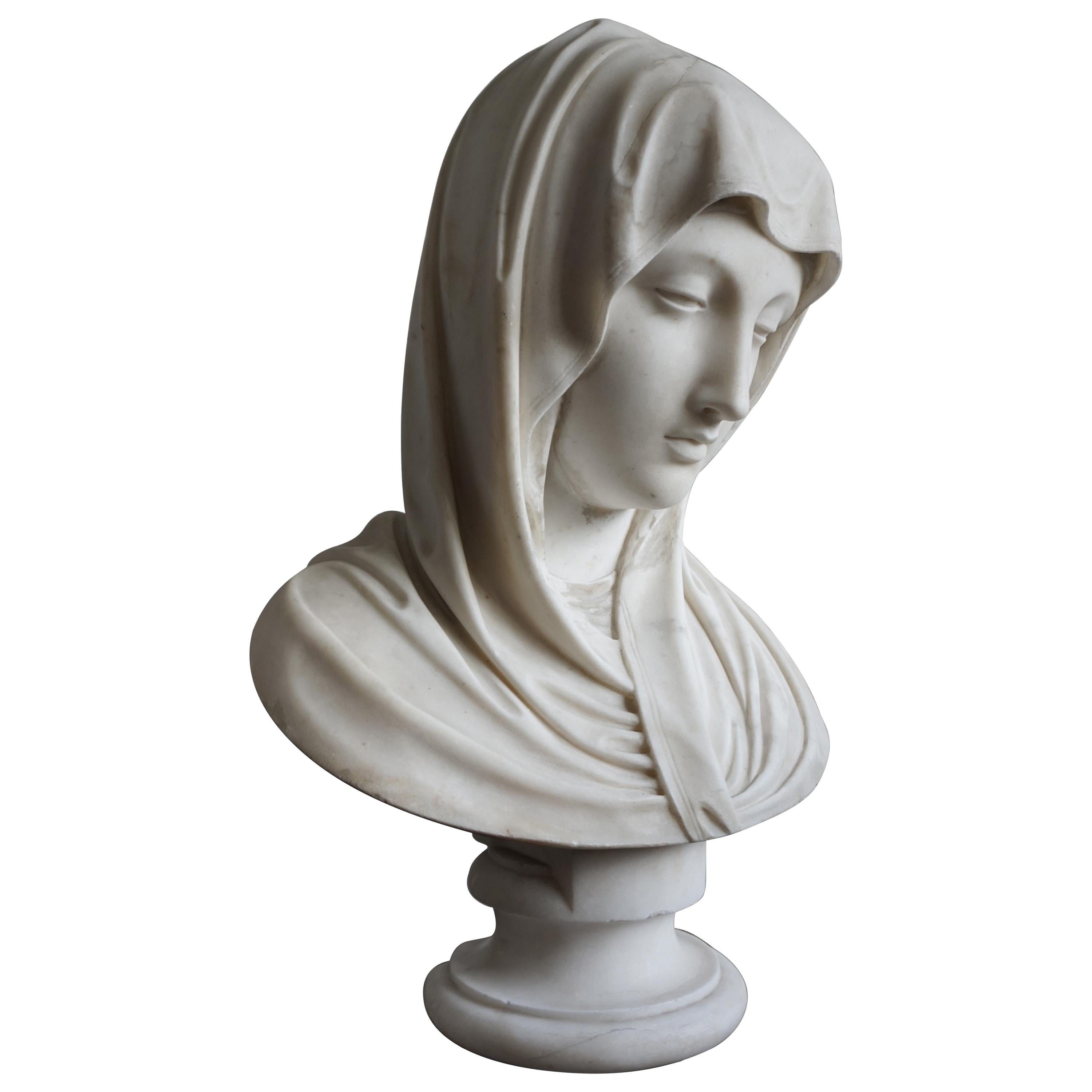 Rare and Hand Carved 19th Century Marble Bust Sculpture of a Serene Virgin Mary
