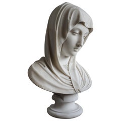 Antique Rare and Hand Carved 19th Century Marble Bust Sculpture of a Serene Virgin Mary