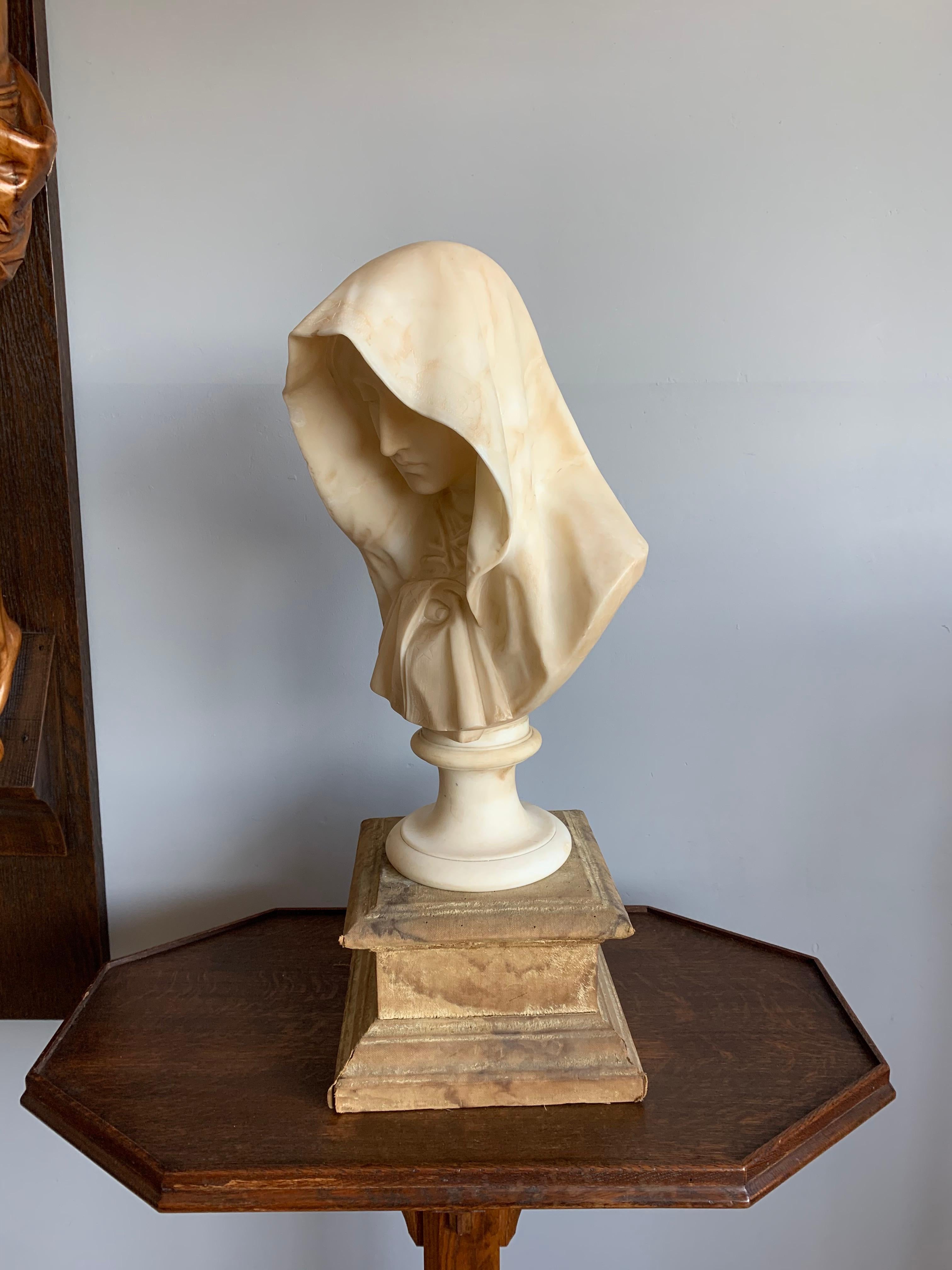 Rare and Hand Carved Early 1900 Alabaster Bust Sculpture of a Serene Virgin Mary 2