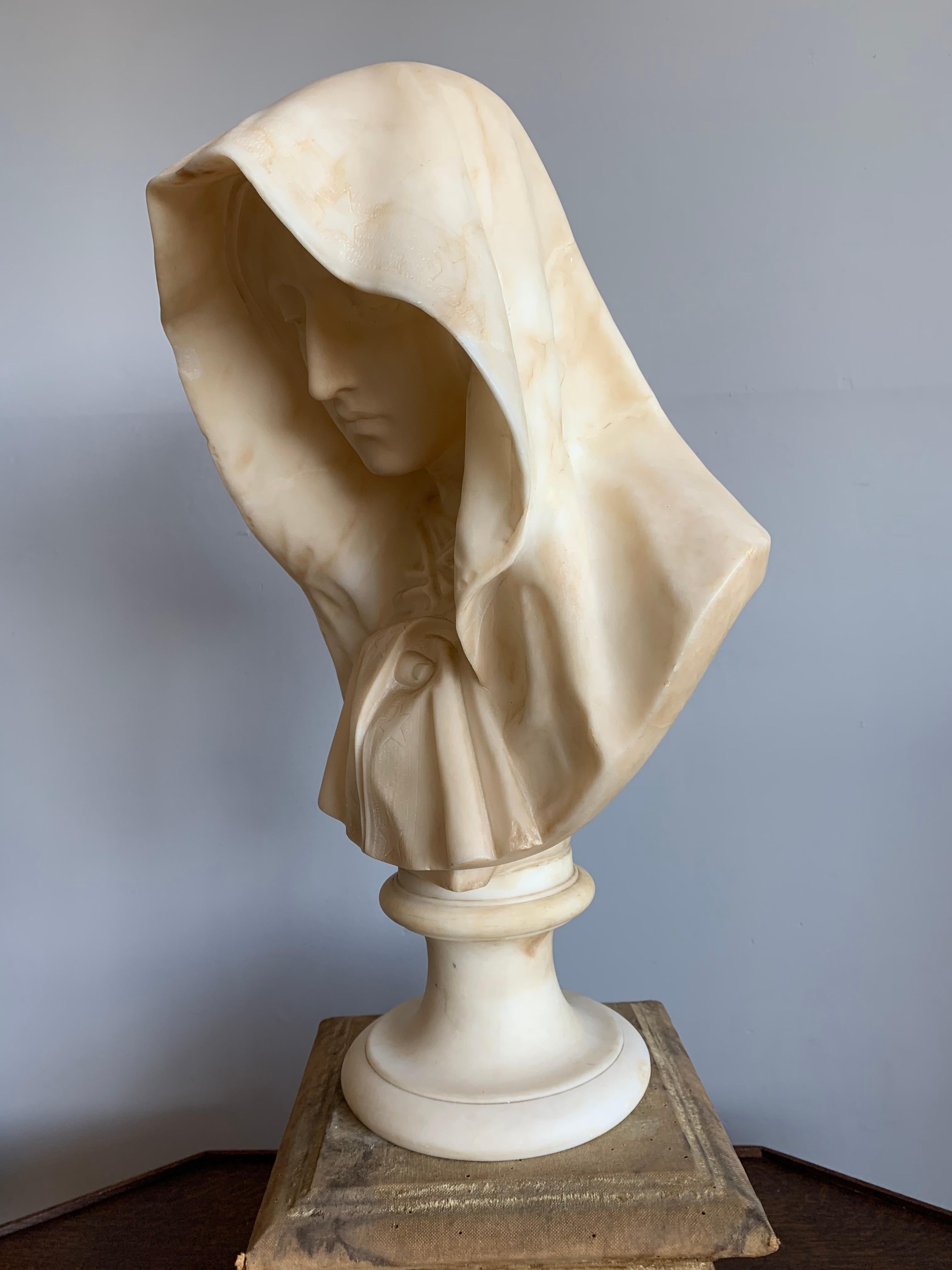 Rare and Hand Carved Early 1900 Alabaster Bust Sculpture of a Serene Virgin Mary 3