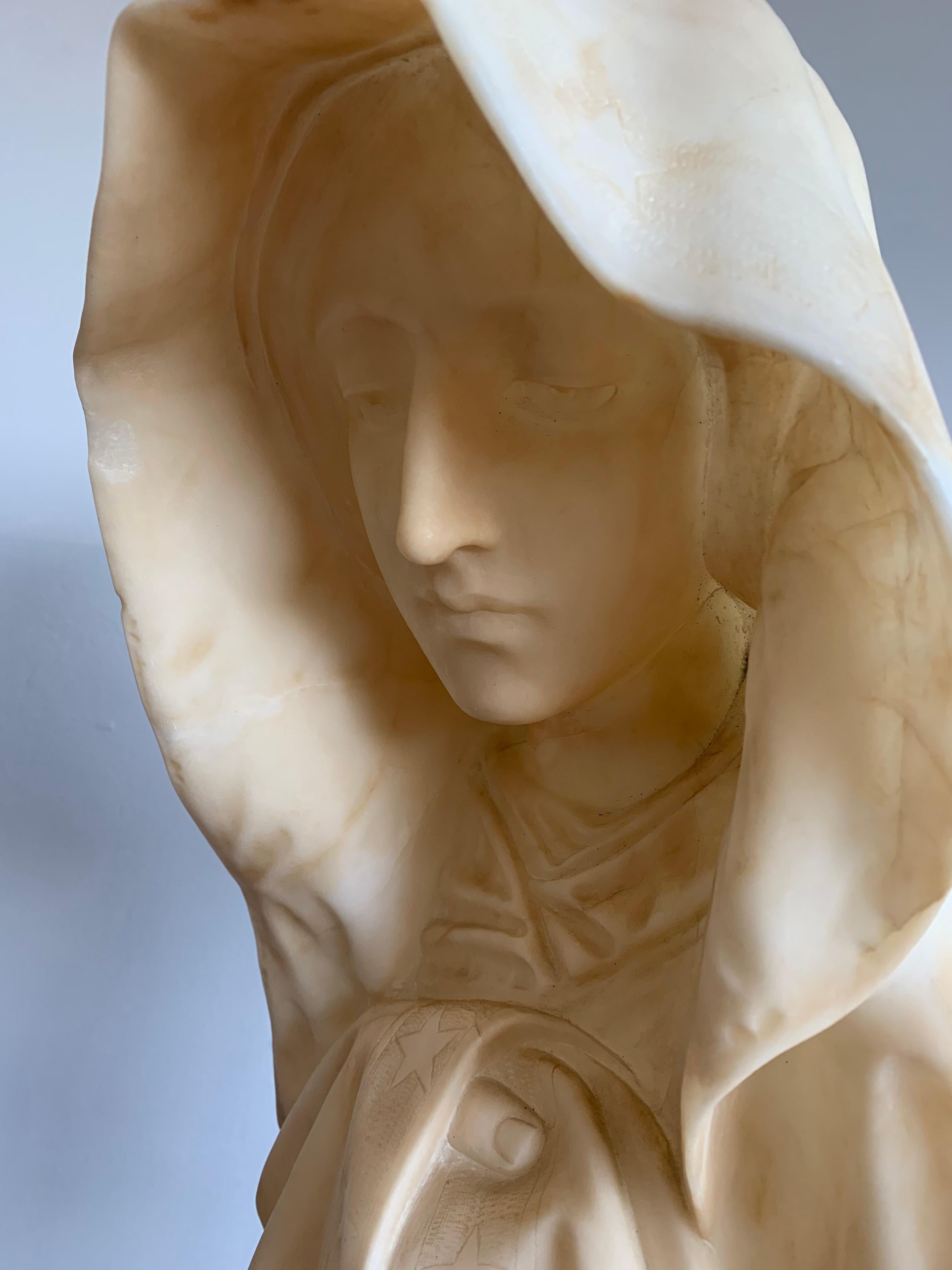 Rare and Hand Carved Early 1900 Alabaster Bust Sculpture of a Serene Virgin Mary 5