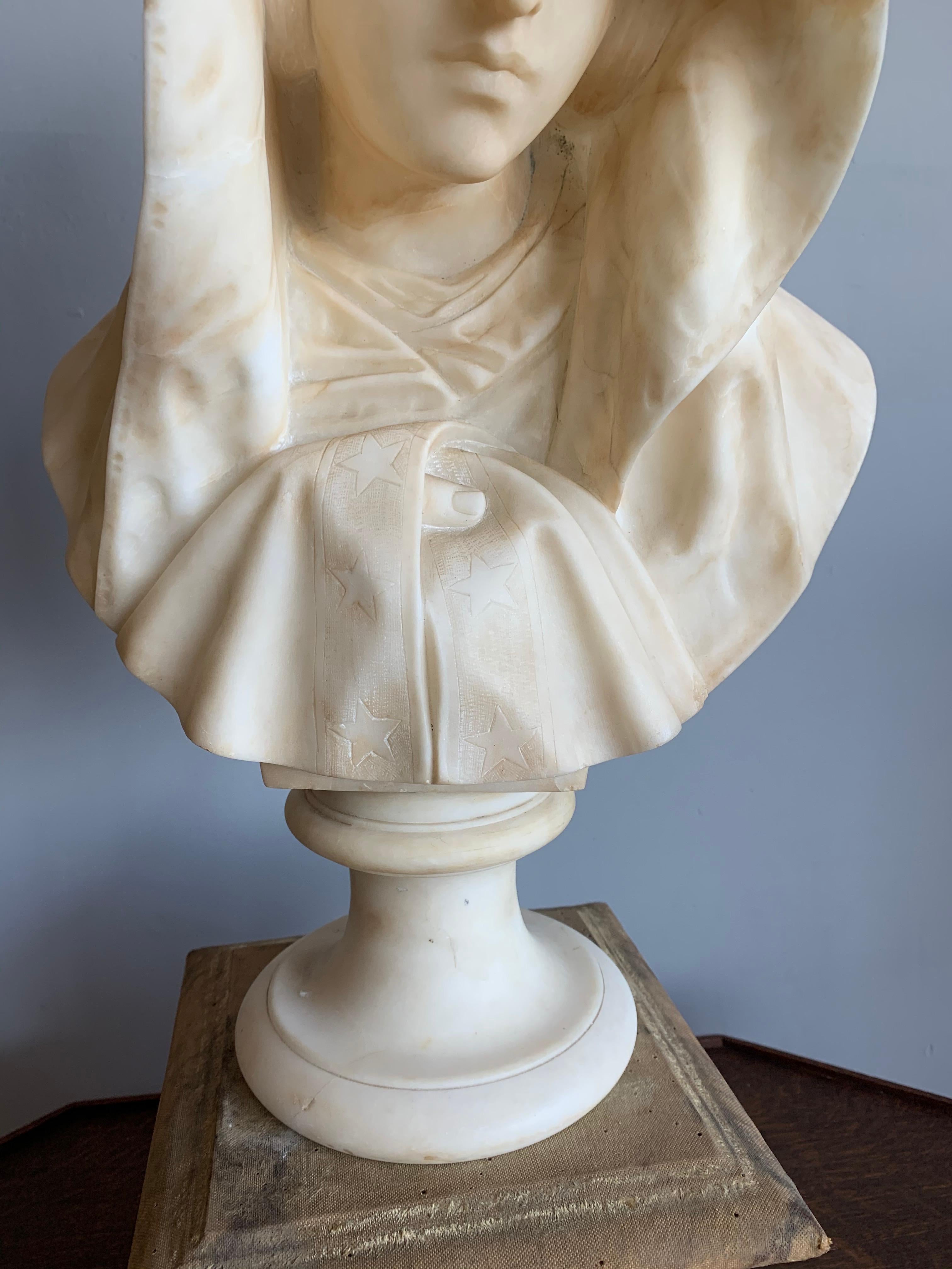 Rare and Hand Carved Early 1900 Alabaster Bust Sculpture of a Serene Virgin Mary 6