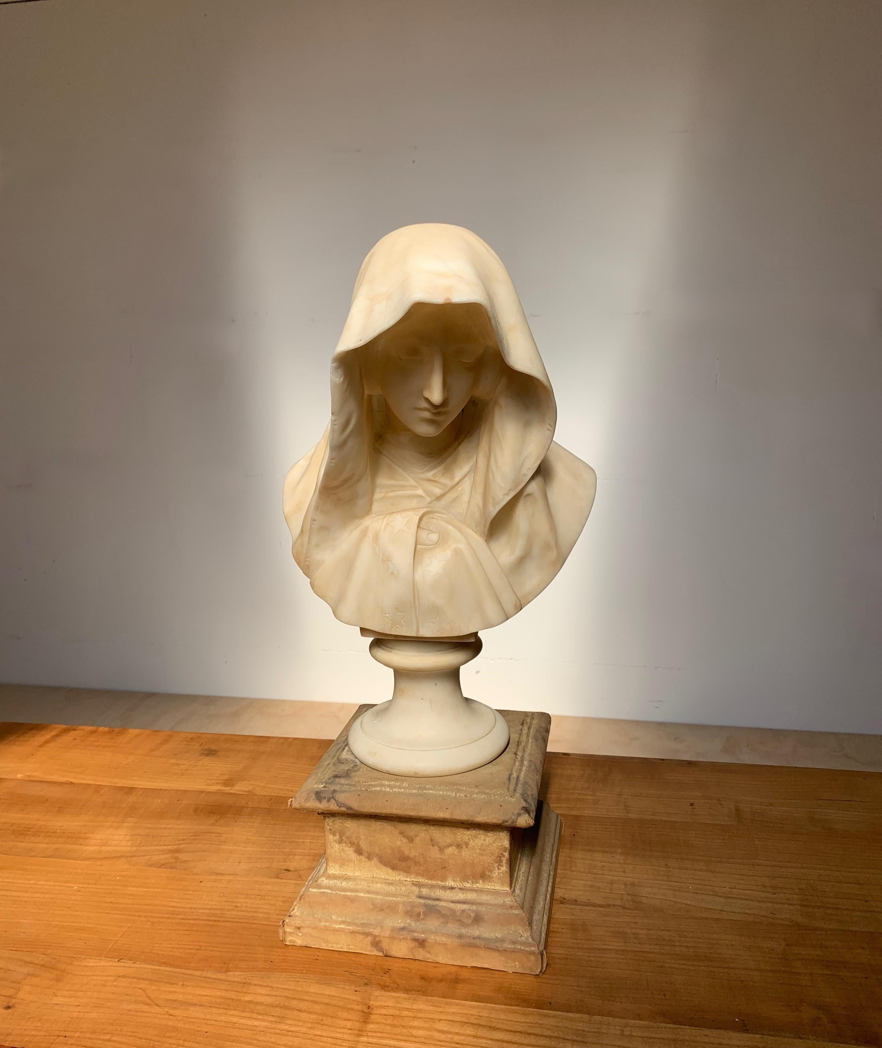 Rare and Hand Carved Early 1900 Alabaster Bust Sculpture of a Serene Virgin Mary 10