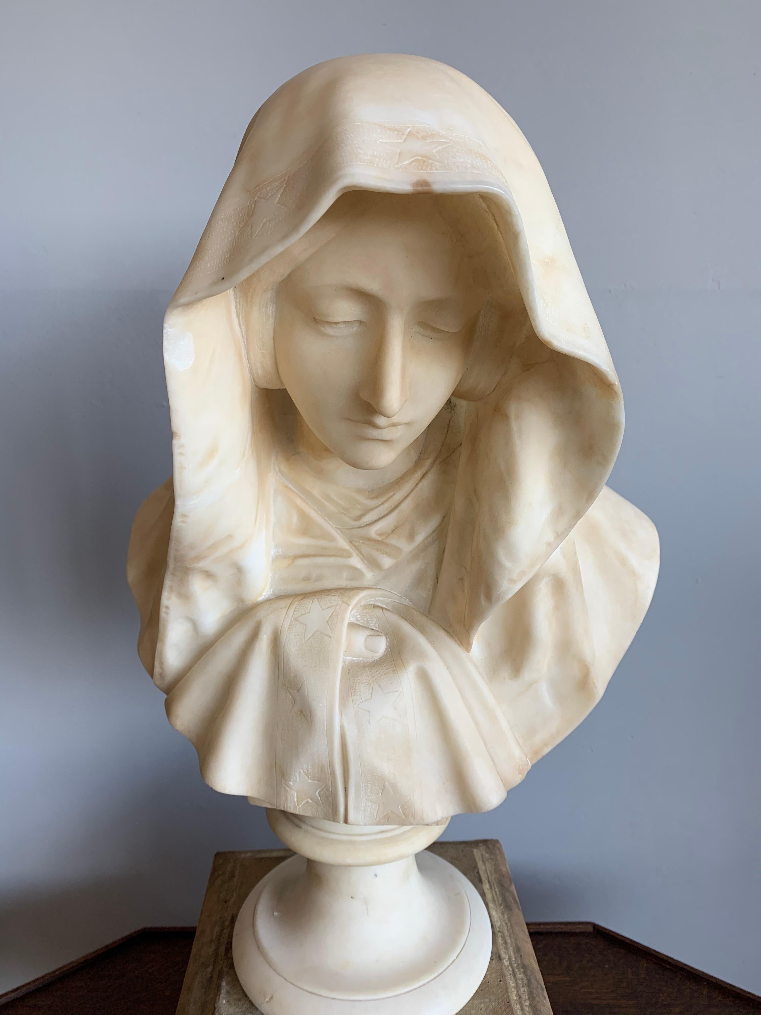 Rare and Hand Carved Early 1900 Alabaster Bust Sculpture of a Serene Virgin Mary 11