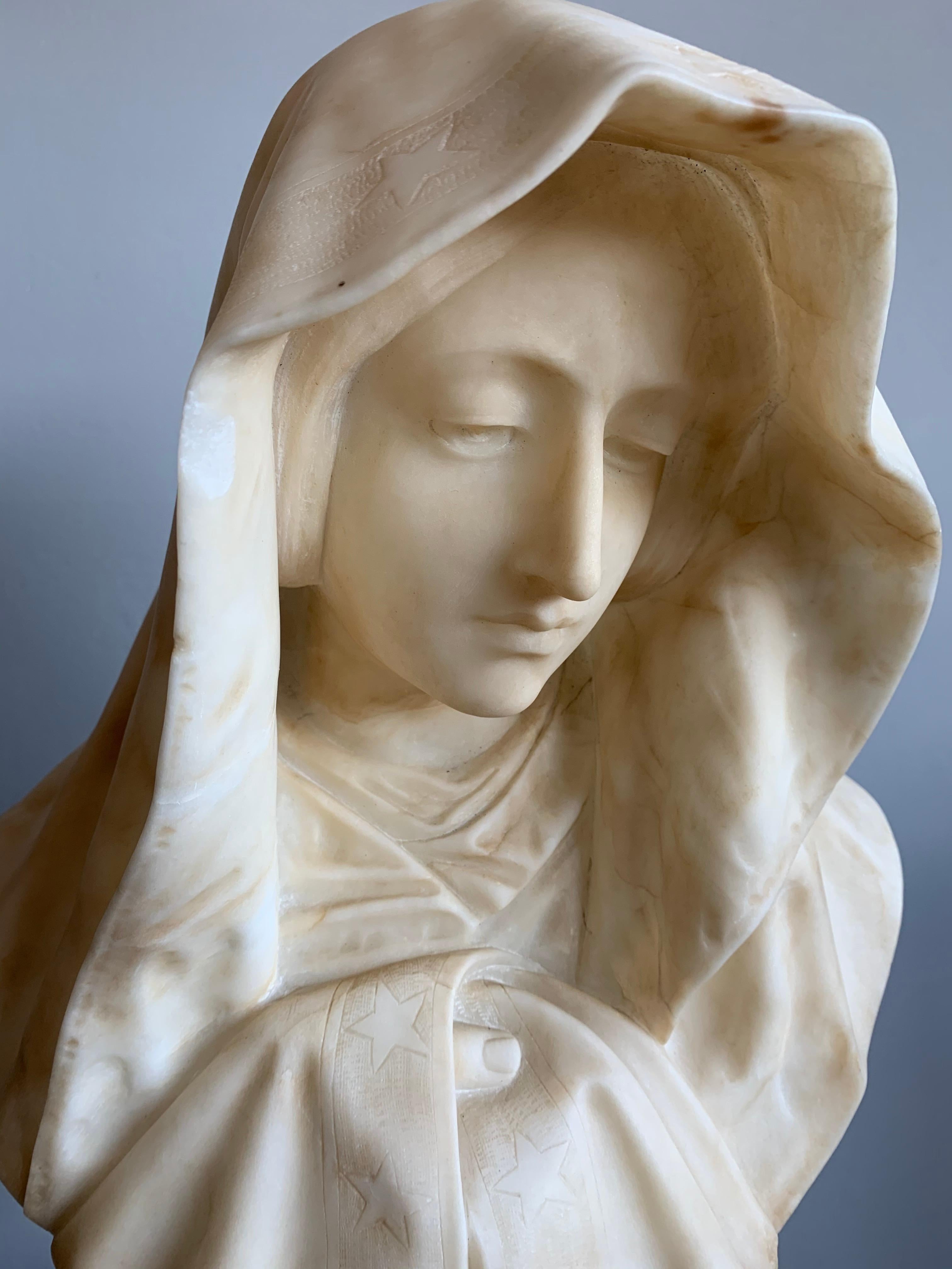 Gothic Revival Rare and Hand Carved Early 1900 Alabaster Bust Sculpture of a Serene Virgin Mary