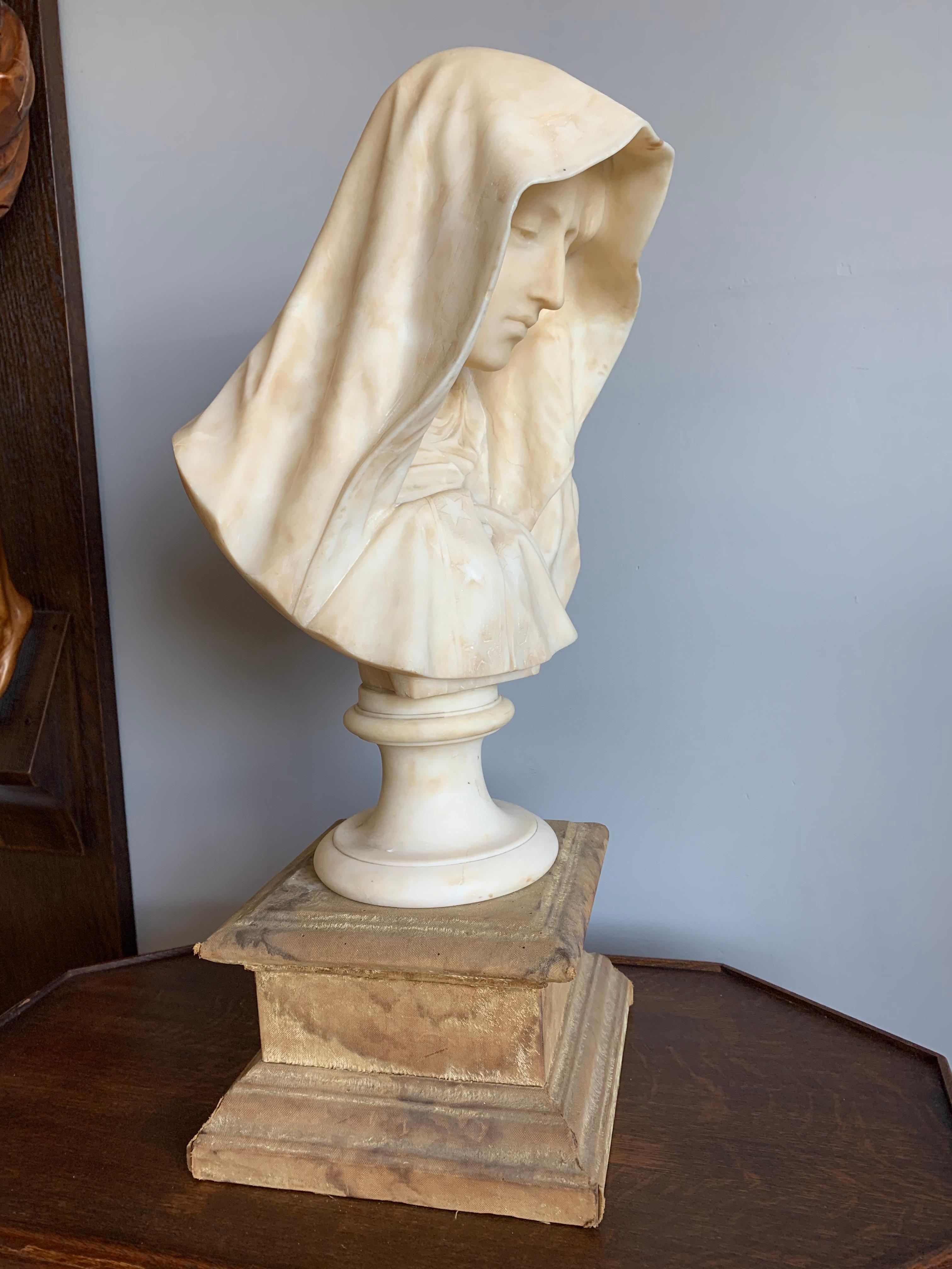 Hand-Crafted Rare and Hand Carved Early 1900 Alabaster Bust Sculpture of a Serene Virgin Mary