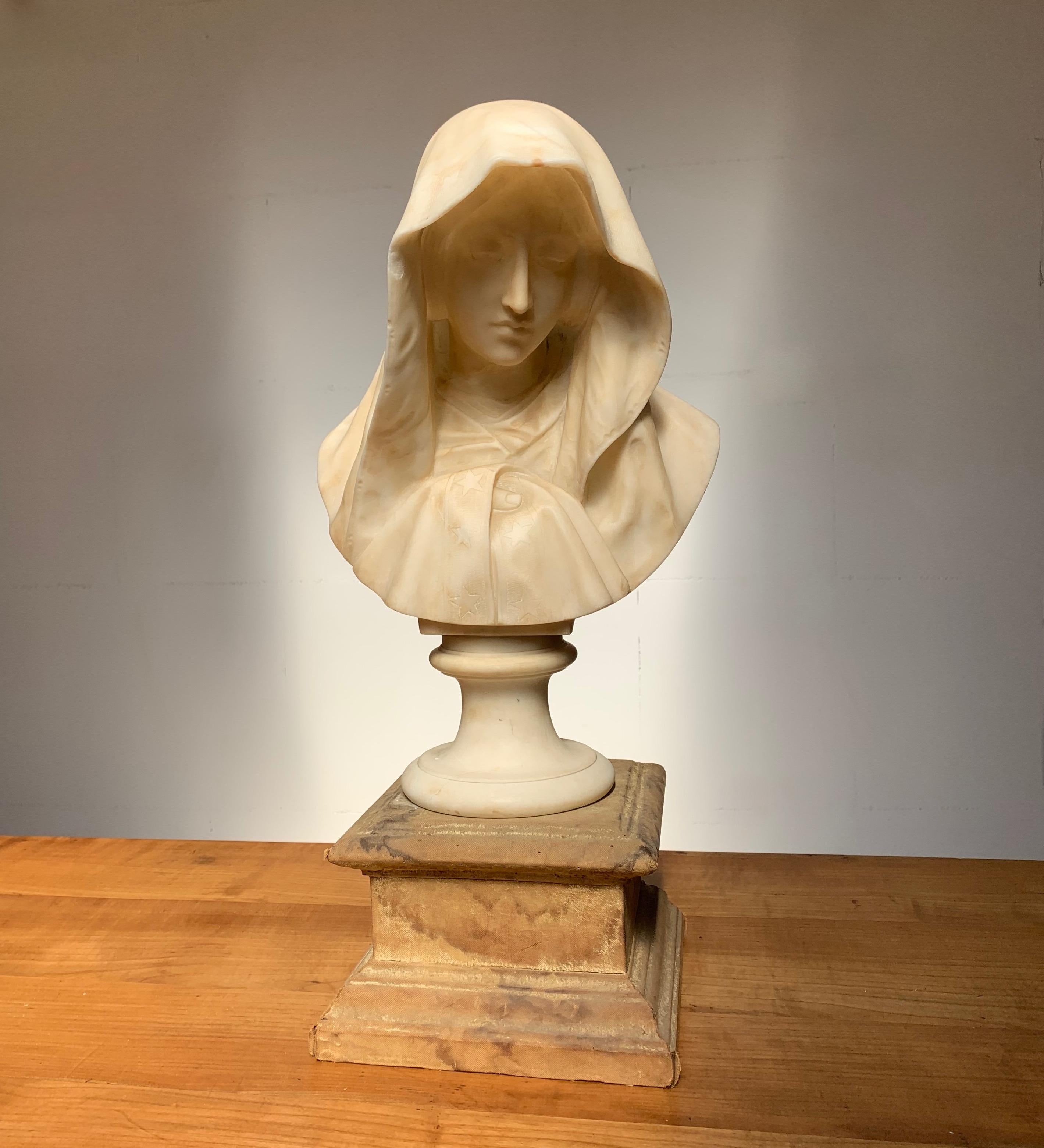 20th Century Rare and Hand Carved Early 1900 Alabaster Bust Sculpture of a Serene Virgin Mary