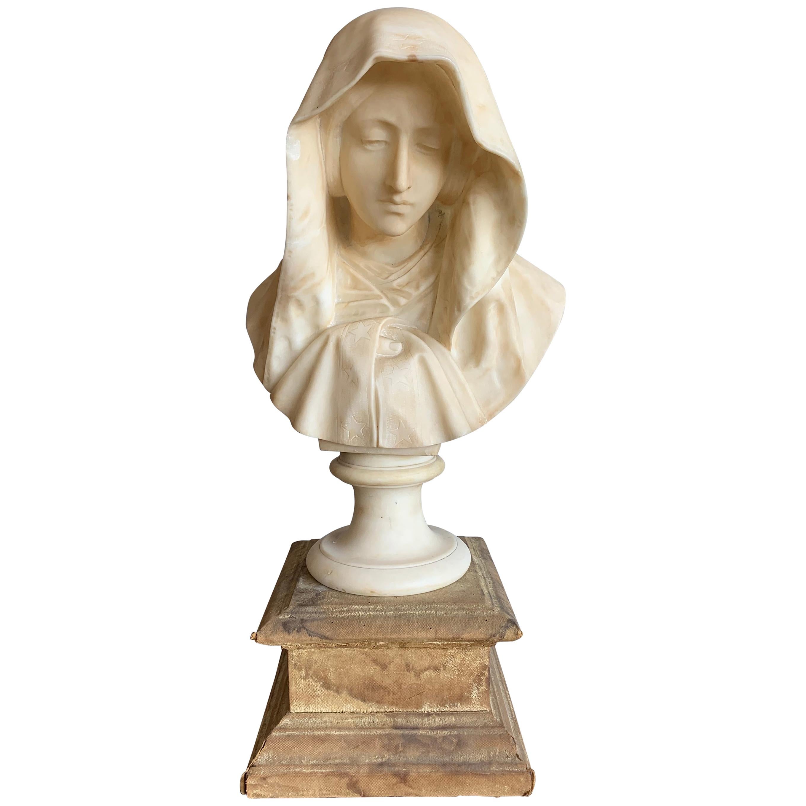 Rare and Hand Carved Early 1900 Alabaster Bust Sculpture of a Serene Virgin Mary