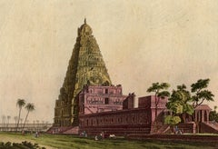 Rare gravure rare et colorée à la main d'un temple en Asie du Sud-Est