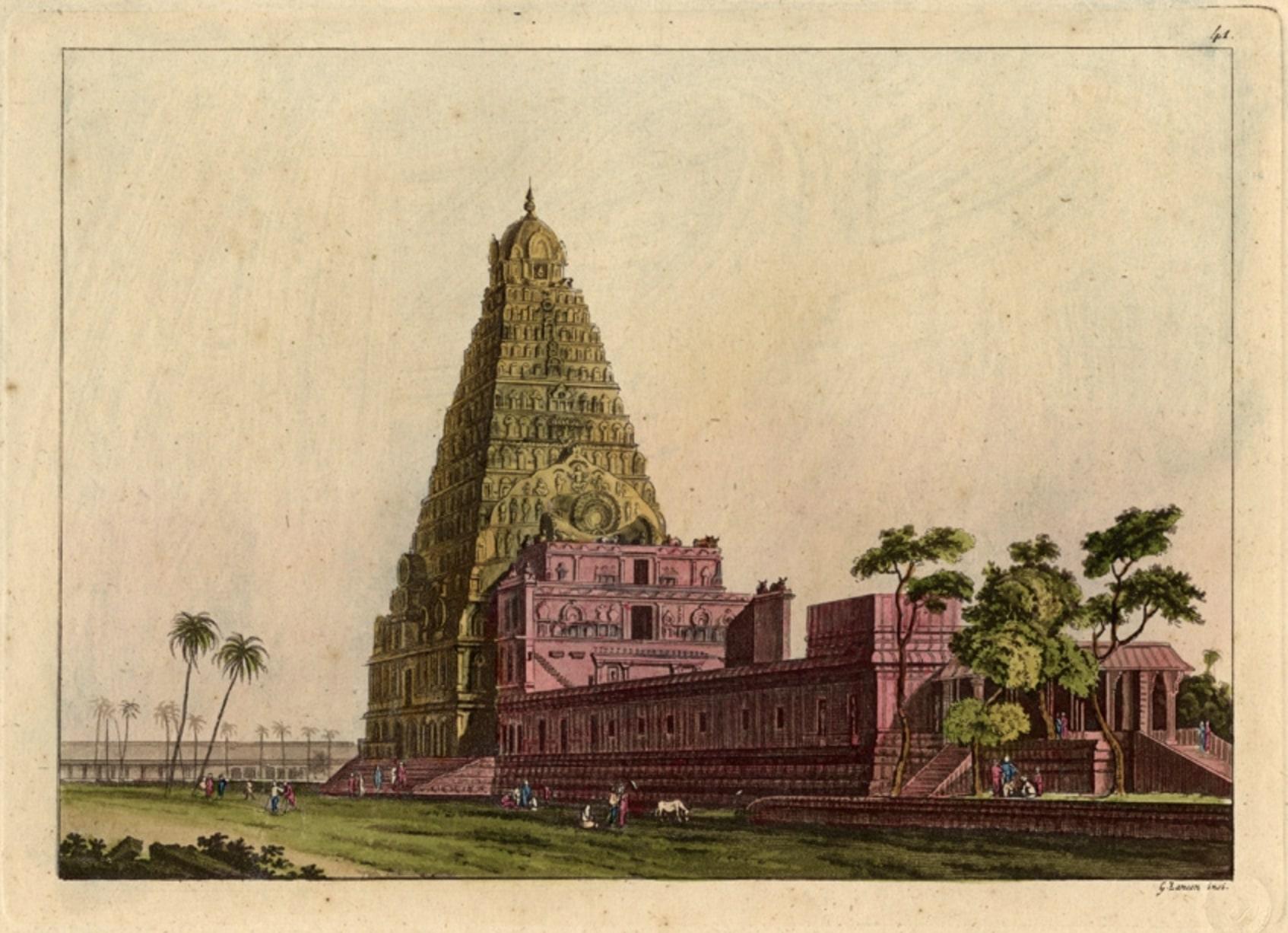 Rare and Hand Coloured Engraving of A Temple in South East Asia In Good Condition For Sale In Langweer, NL