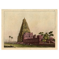 Rare gravure rare et colorée à la main d'un temple en Asie du Sud-Est