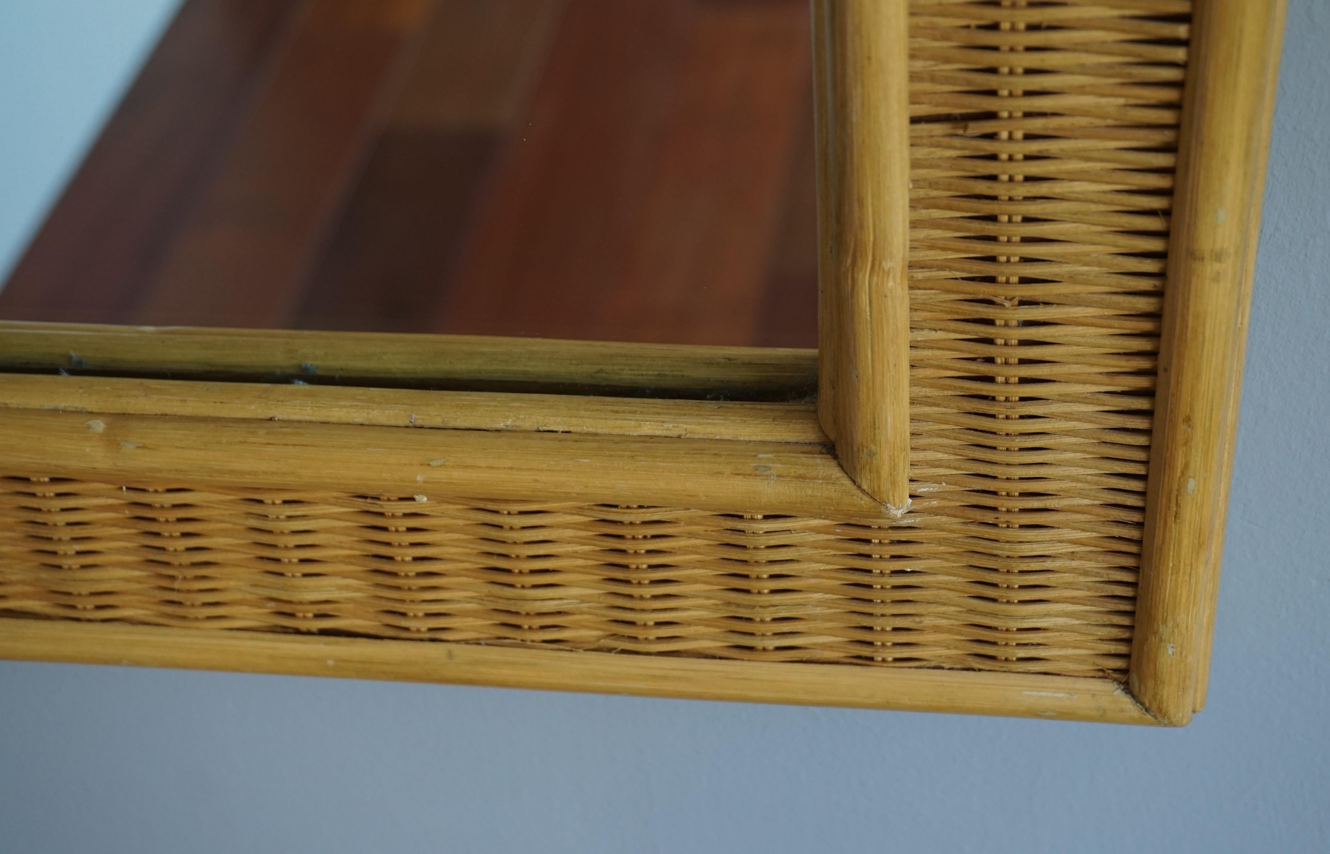 Rare and Handcrafted Midcentury Organic Rattan and Wicker Frame Wall Mirror 1970 For Sale 4