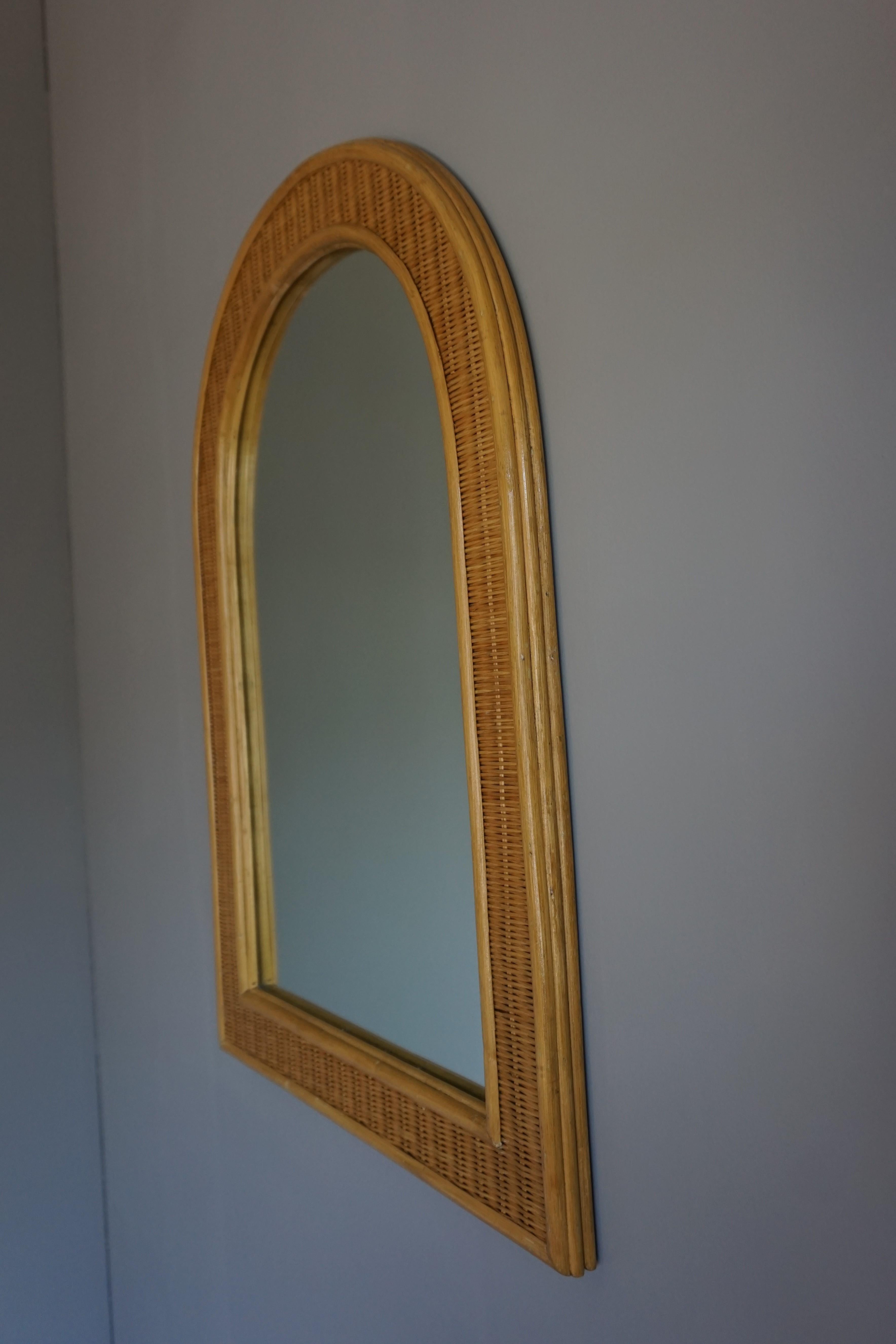 Rare and Handcrafted Midcentury Organic Rattan and Wicker Frame Wall Mirror 1970 For Sale 5